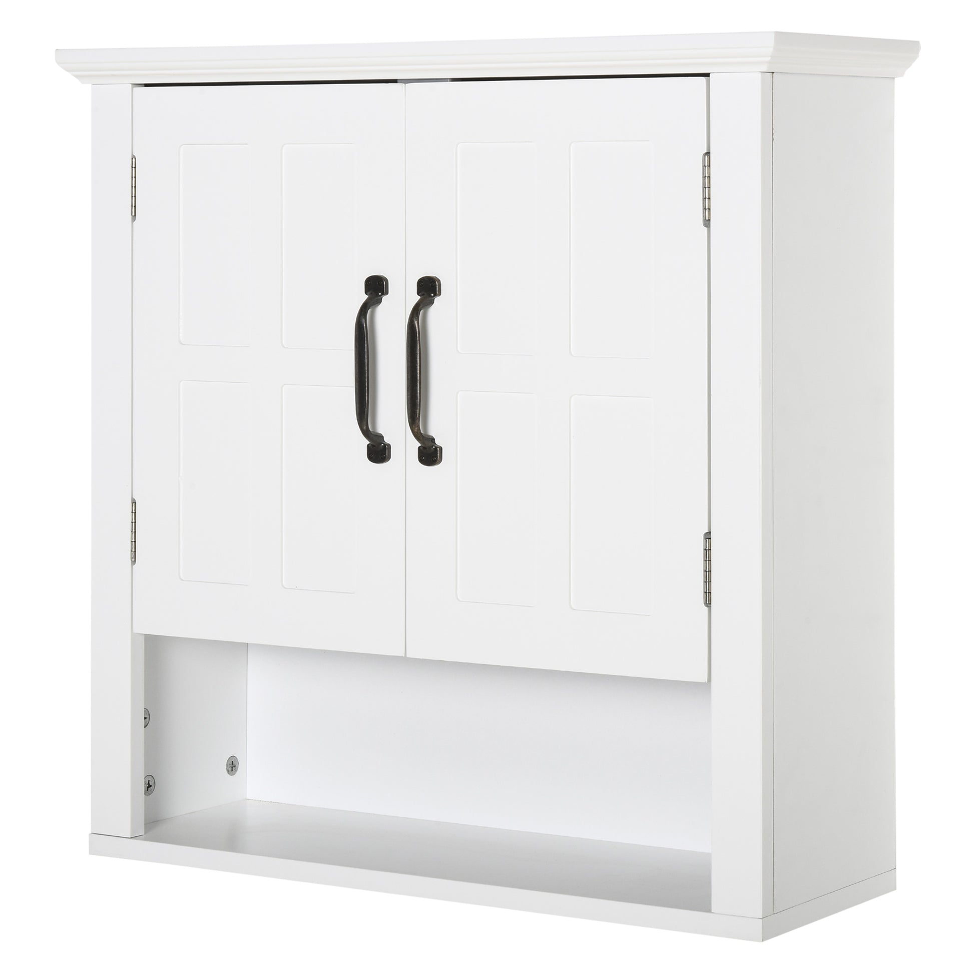 White wallmounted cabinet with two paneled doors and oilrubbed bronze handles