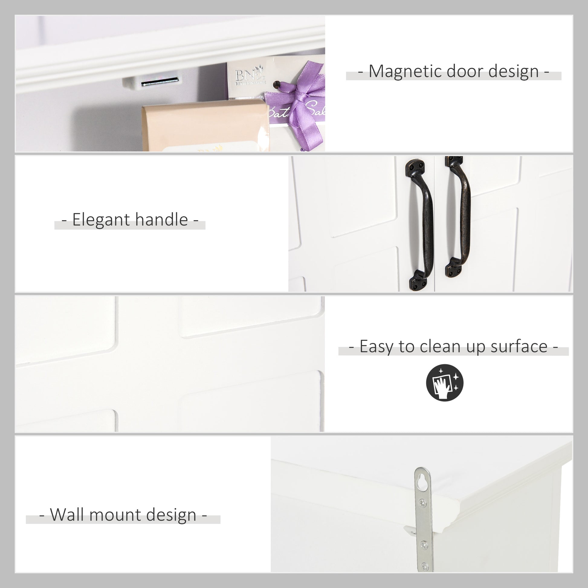 White cabinet with magnetic door design showcasing gift boxes inside