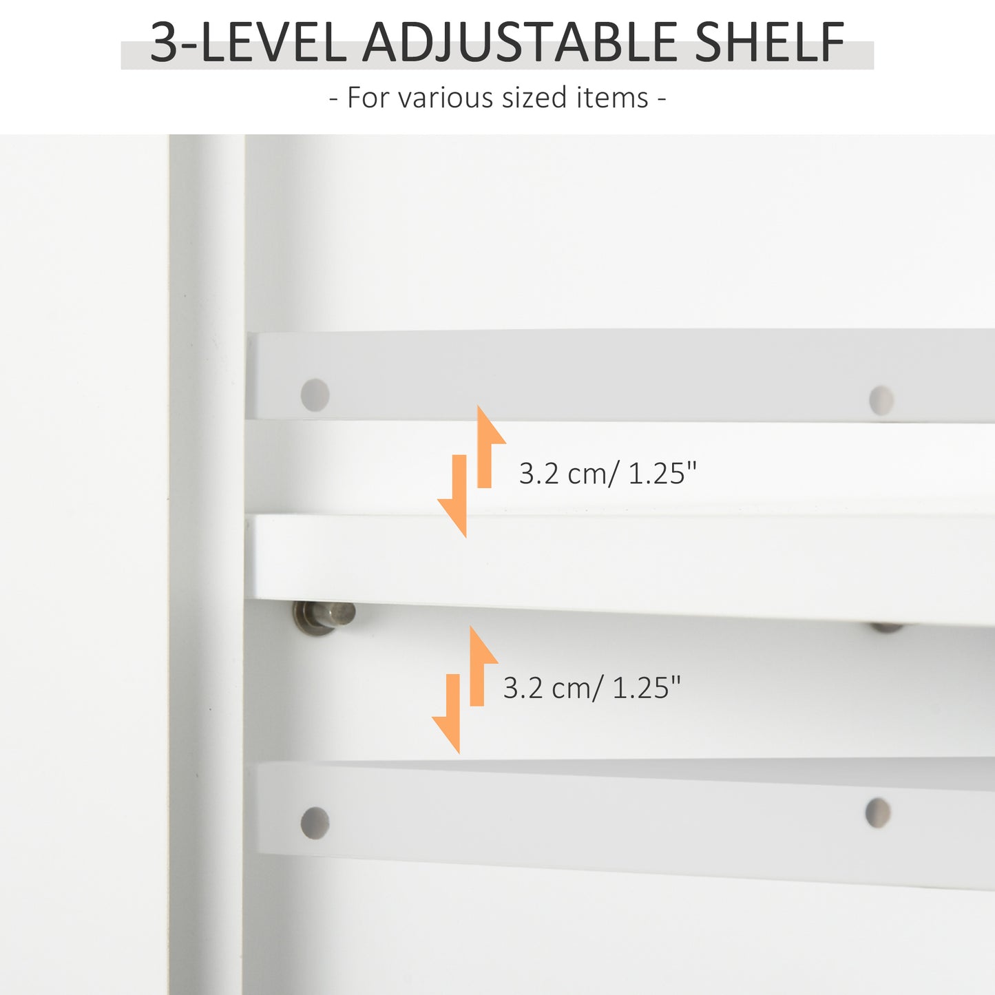 White level adjustable shelf showing  inch spacing for versatile storage
