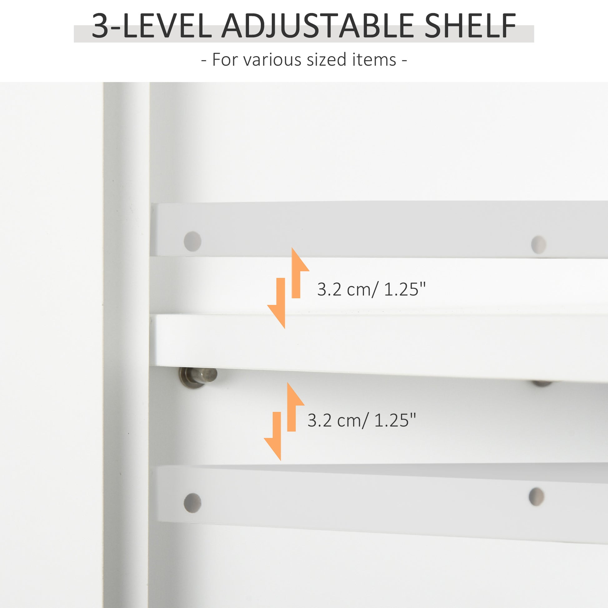 White level adjustable shelf showing  inch spacing for versatile storage