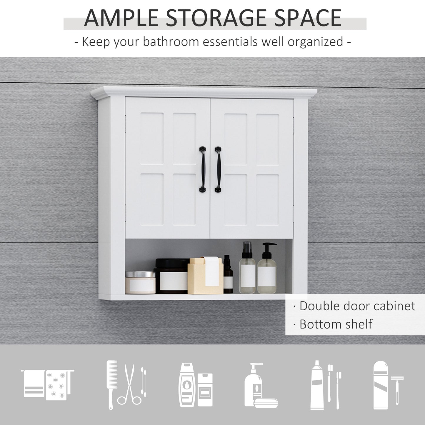White double door bathroom cabinet with black handles and open bottom shelf