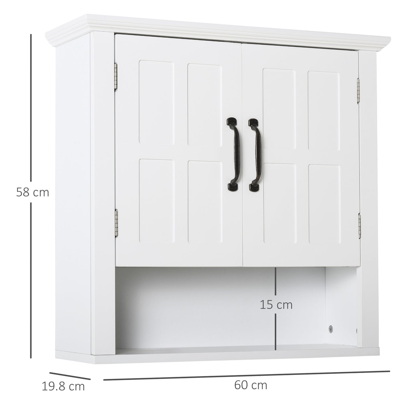 White wall cabinet with two paneled doors and dark bronze handles
