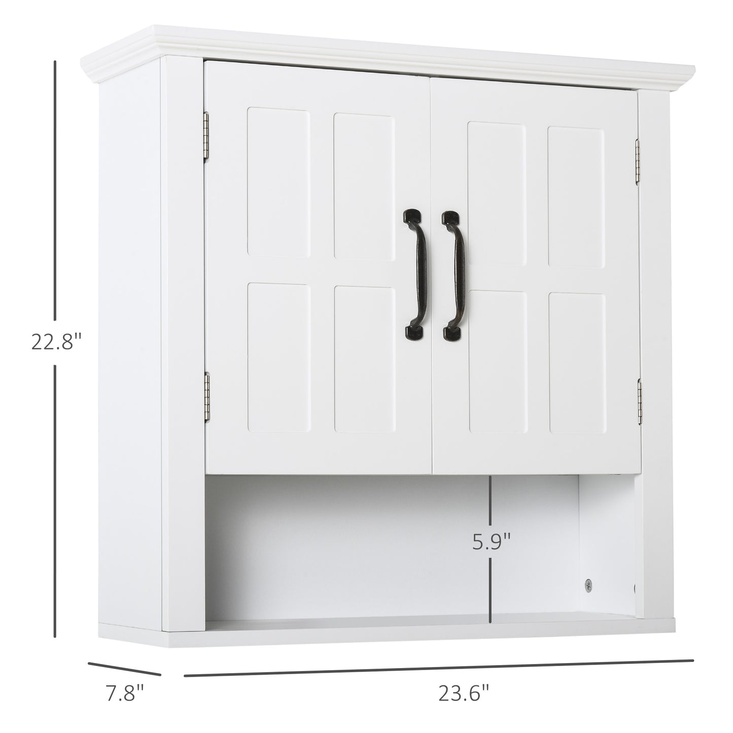 White bathroom cabinet with two paneled doors and black antiquestyle knobs