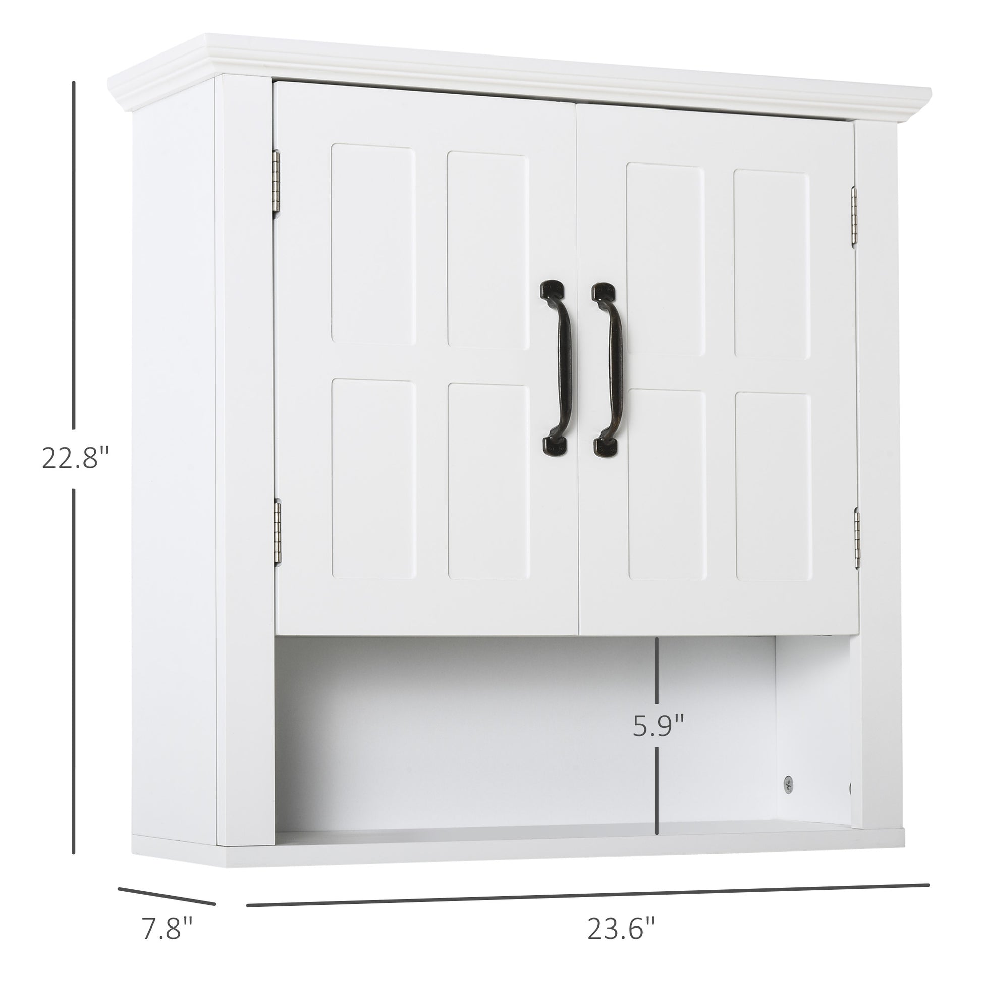 White bathroom cabinet with two paneled doors and black antiquestyle knobs