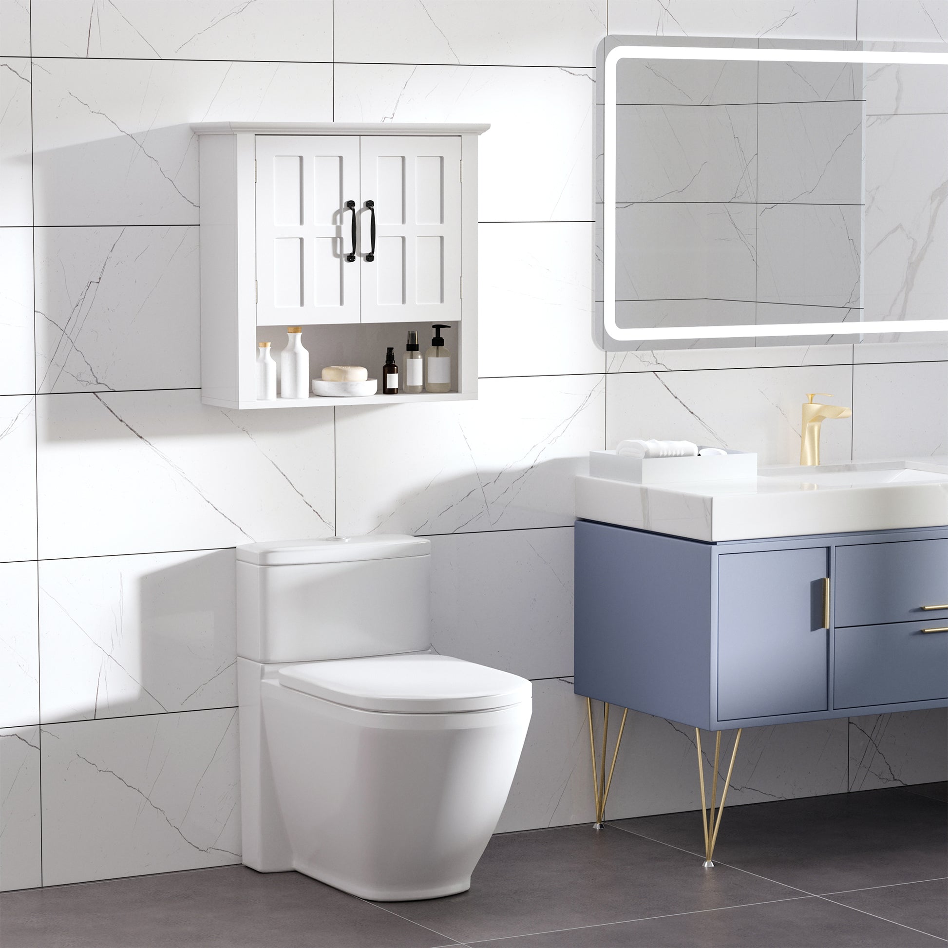 White wood bathroom cabinet with black hardware wallmounted storage with doors