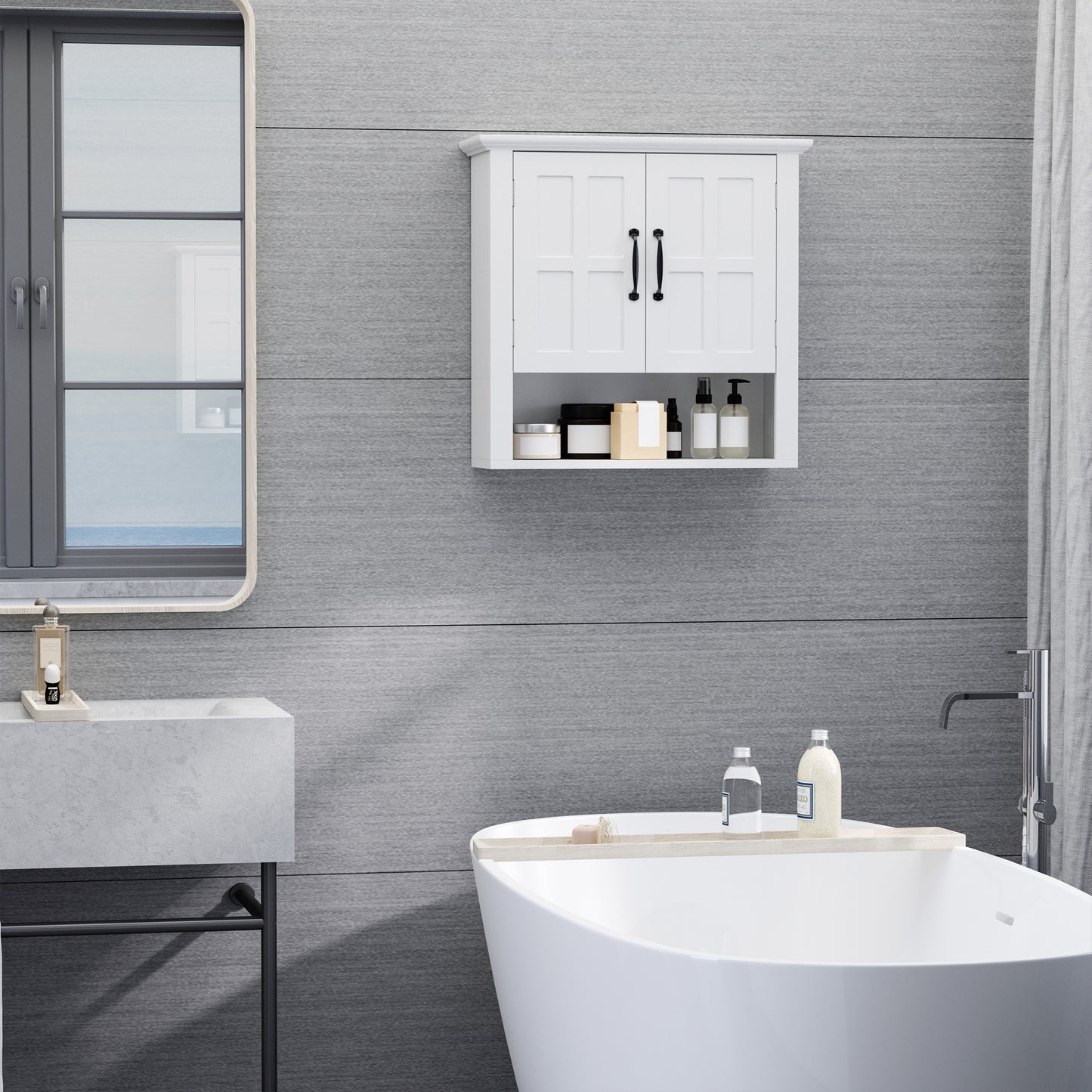 White twodoor bathroom wall cabinet with black hardware and open shelf below