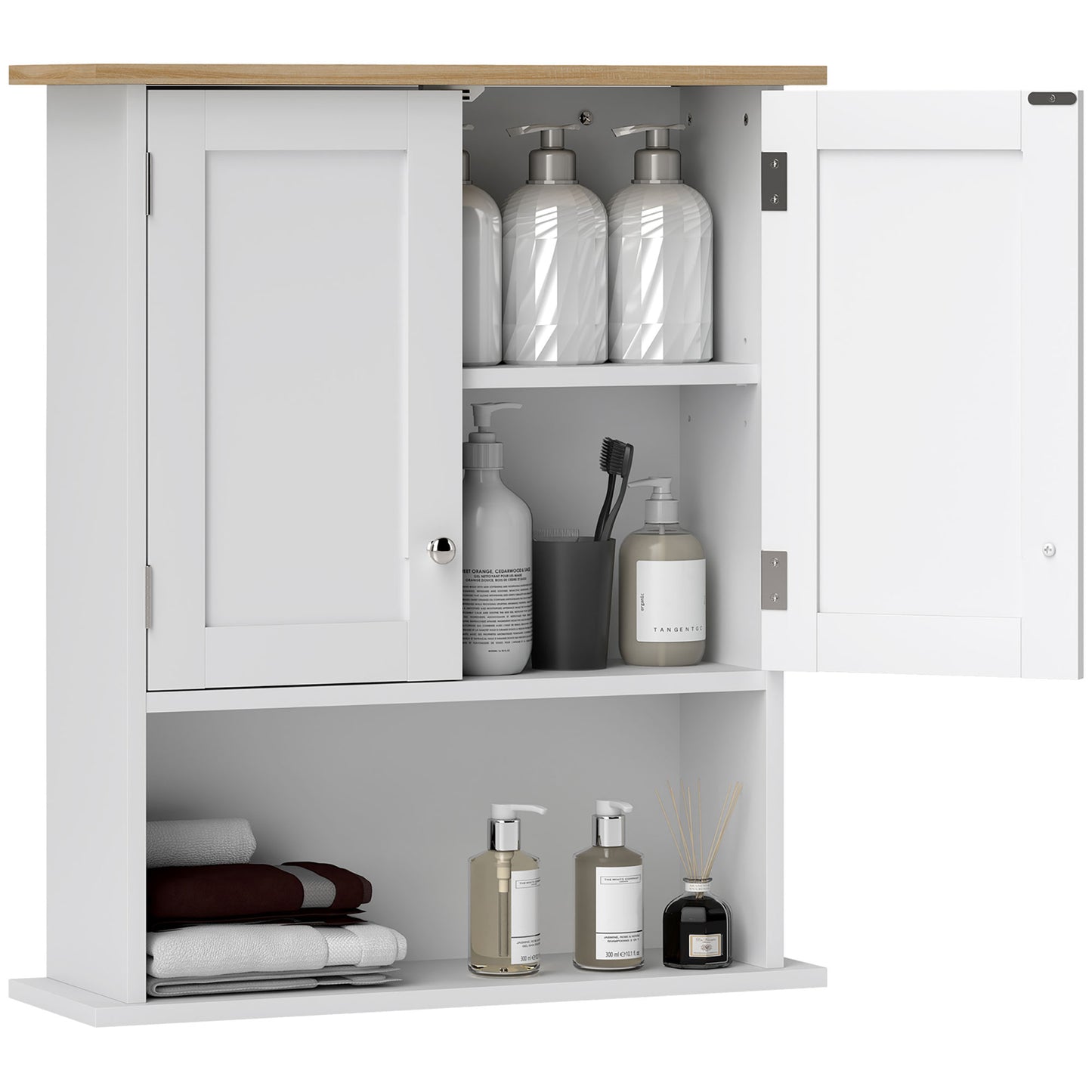 White bathroom cabinet with wooden top open doors revealing toiletries and towels