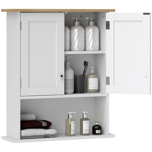 White bathroom cabinet with wooden top open doors revealing toiletries and towels