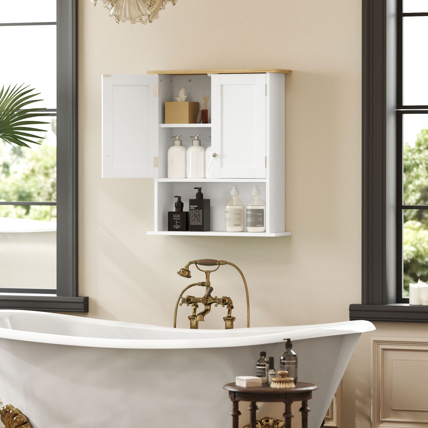 White farmhouse style medicine cabinet with two doors wood top and open shelf storing bath essentials