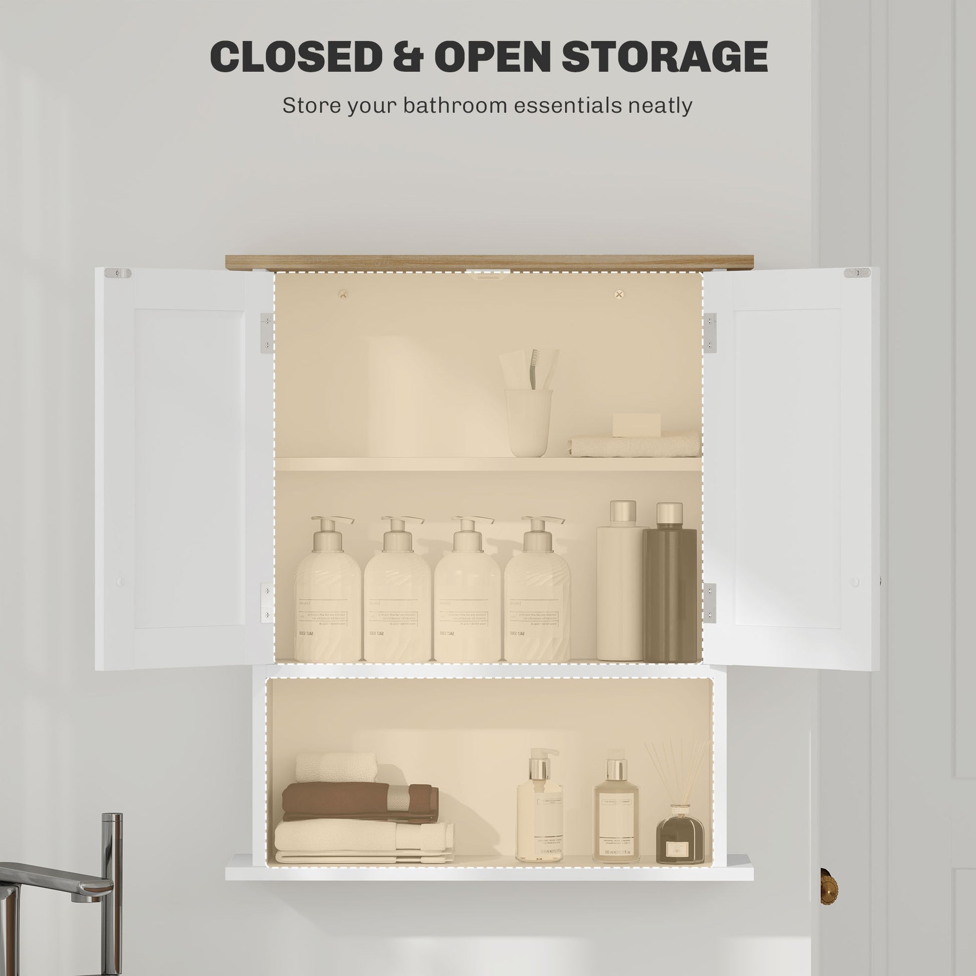 White bathroom cabinet with open doors revealing soap dispensers and towels showcasing organized storage