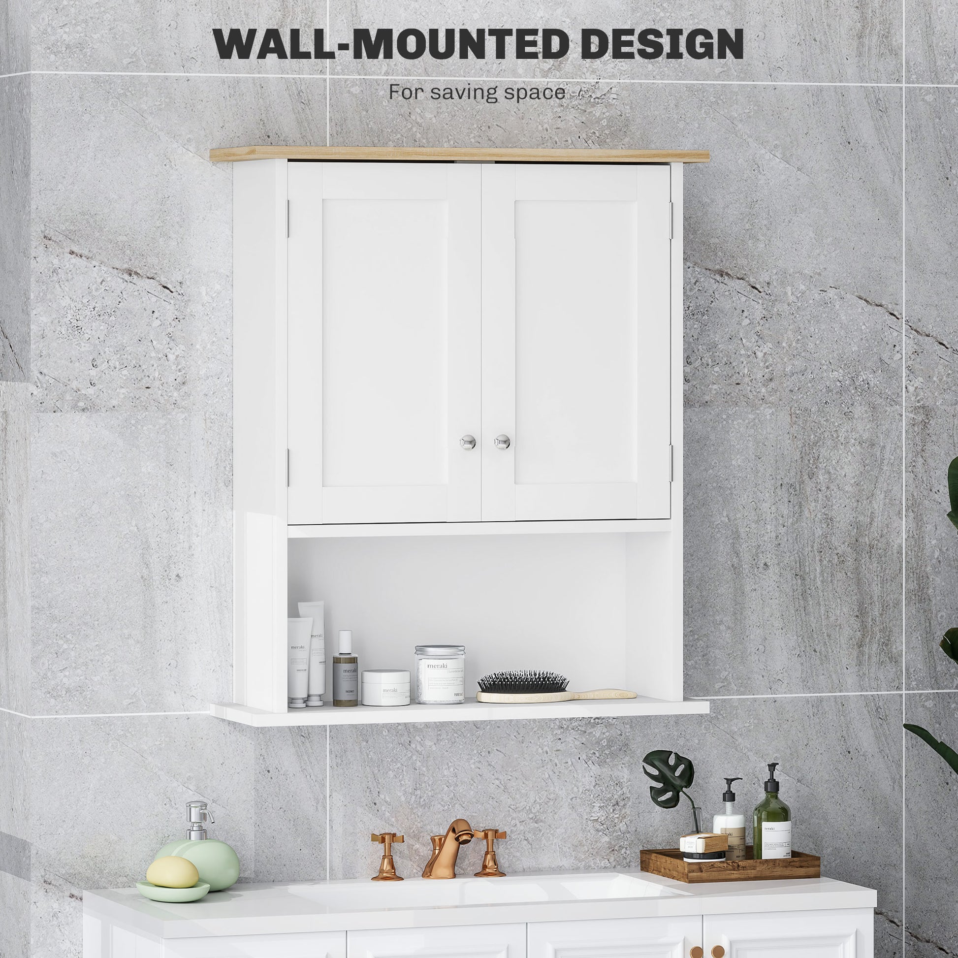 White wallmounted bathroom cabinet with double doors and open shelf for storage