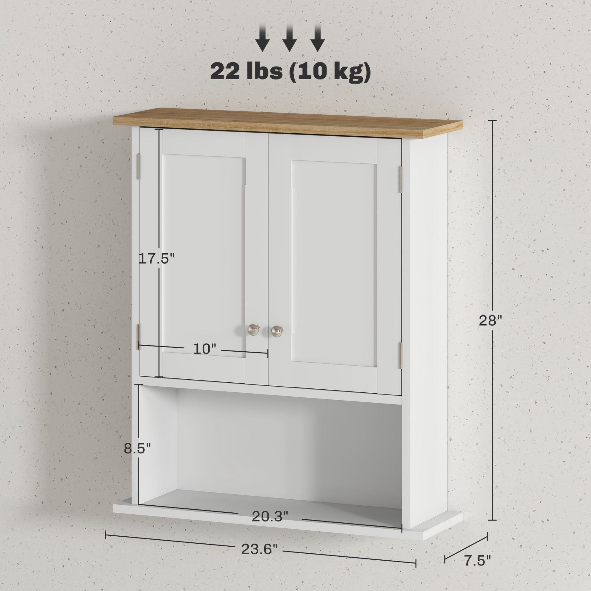 White wall cabinet with oakeffect top and two doors  H