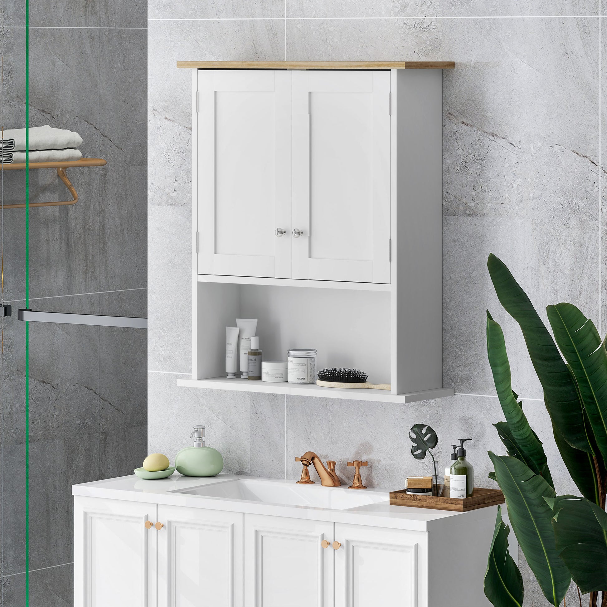 White wooden wall cabinet with two doors and open shelf holding toiletries