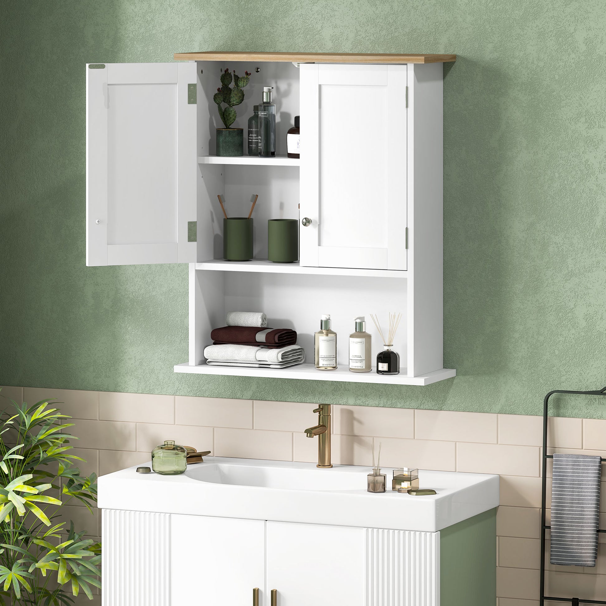 White farmhouse bathroom wall cabinet with wooden top open door showing shelves with toiletries and towels