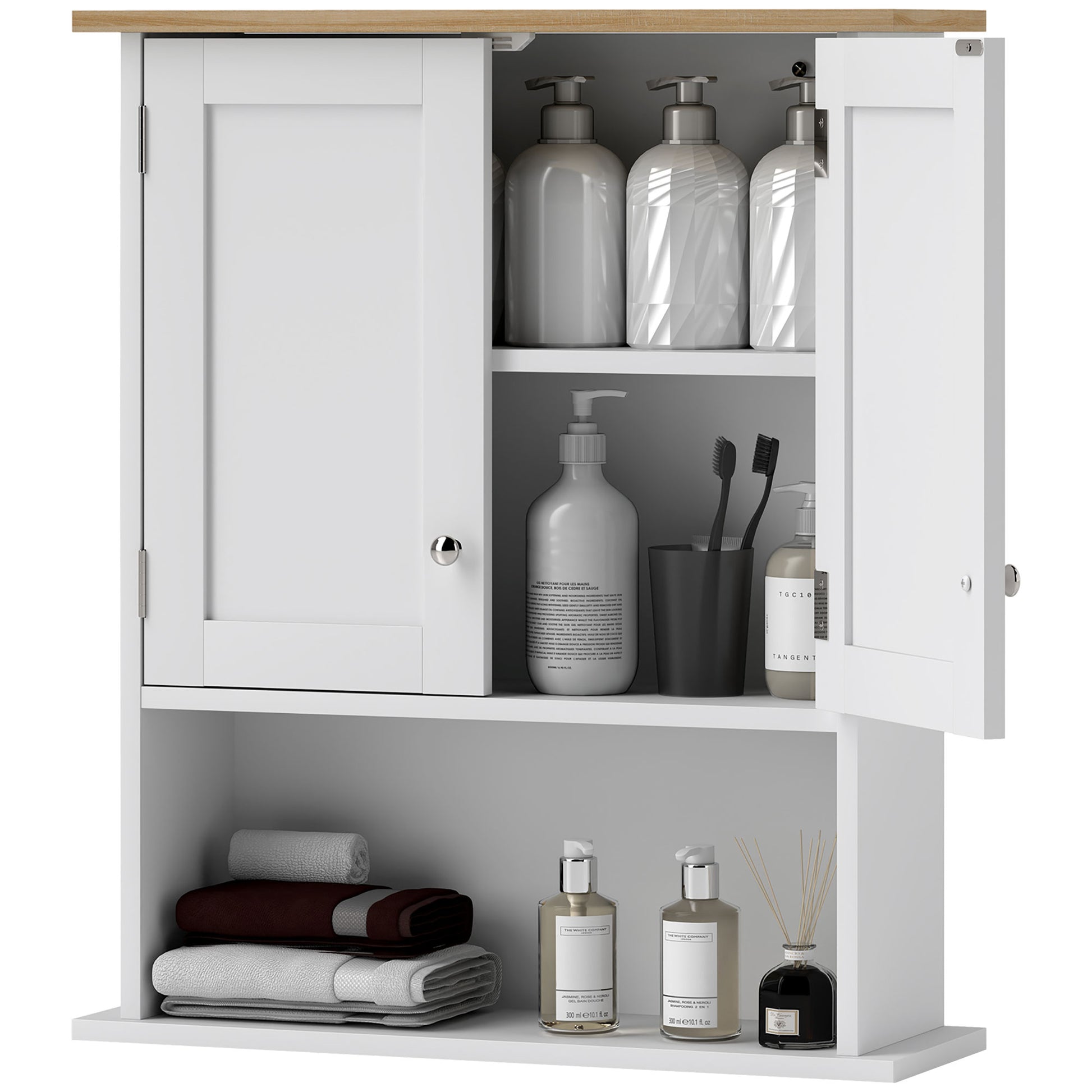 White wooden medicine cabinet with glass shelf and organized toiletries