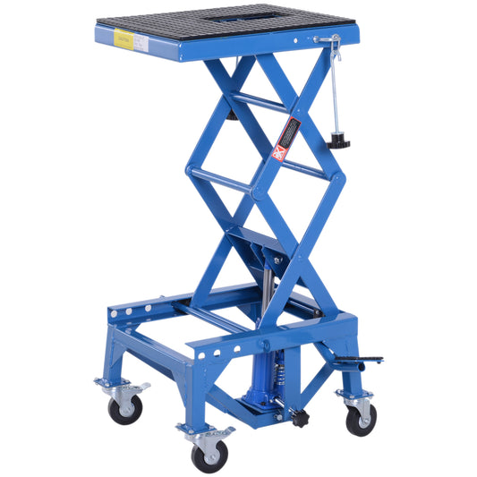 Blue scissor lift jack with rubber top for motorcycle maintenance