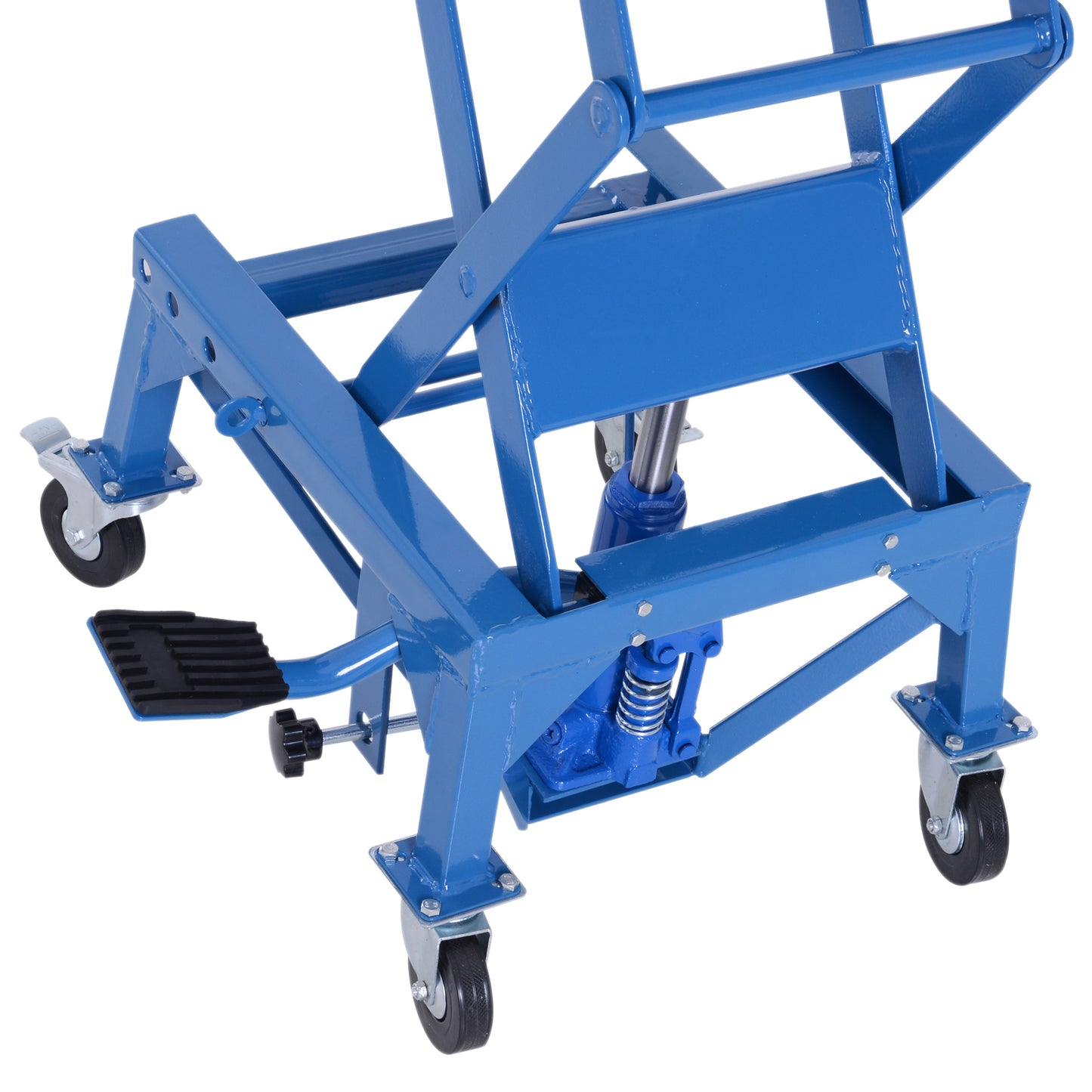 Blue hydraulic motorcycle lift with steel frame and swivel casters