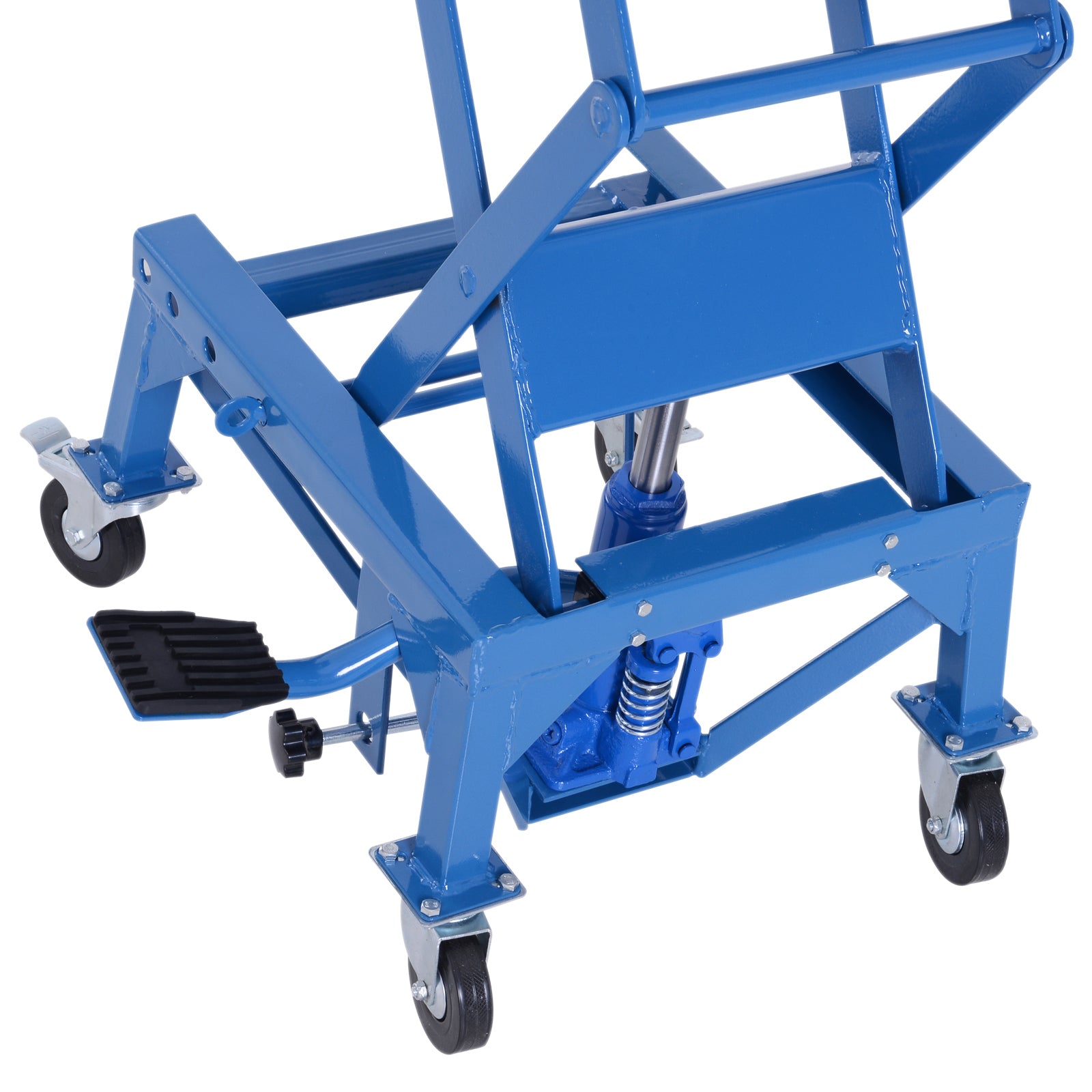 Blue hydraulic motorcycle lift with steel frame and swivel casters