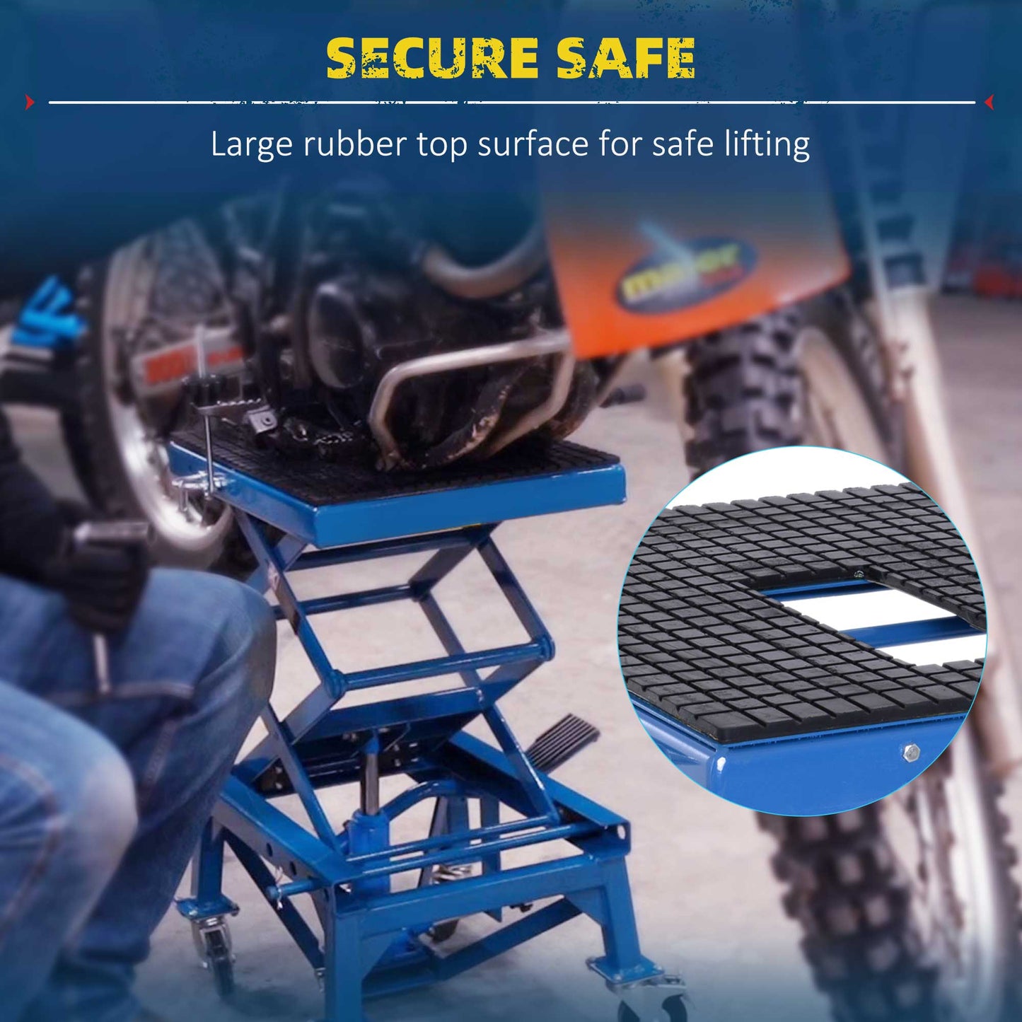 Blue metal motorcycle scissor lift with textured black rubber platform for secure lifting