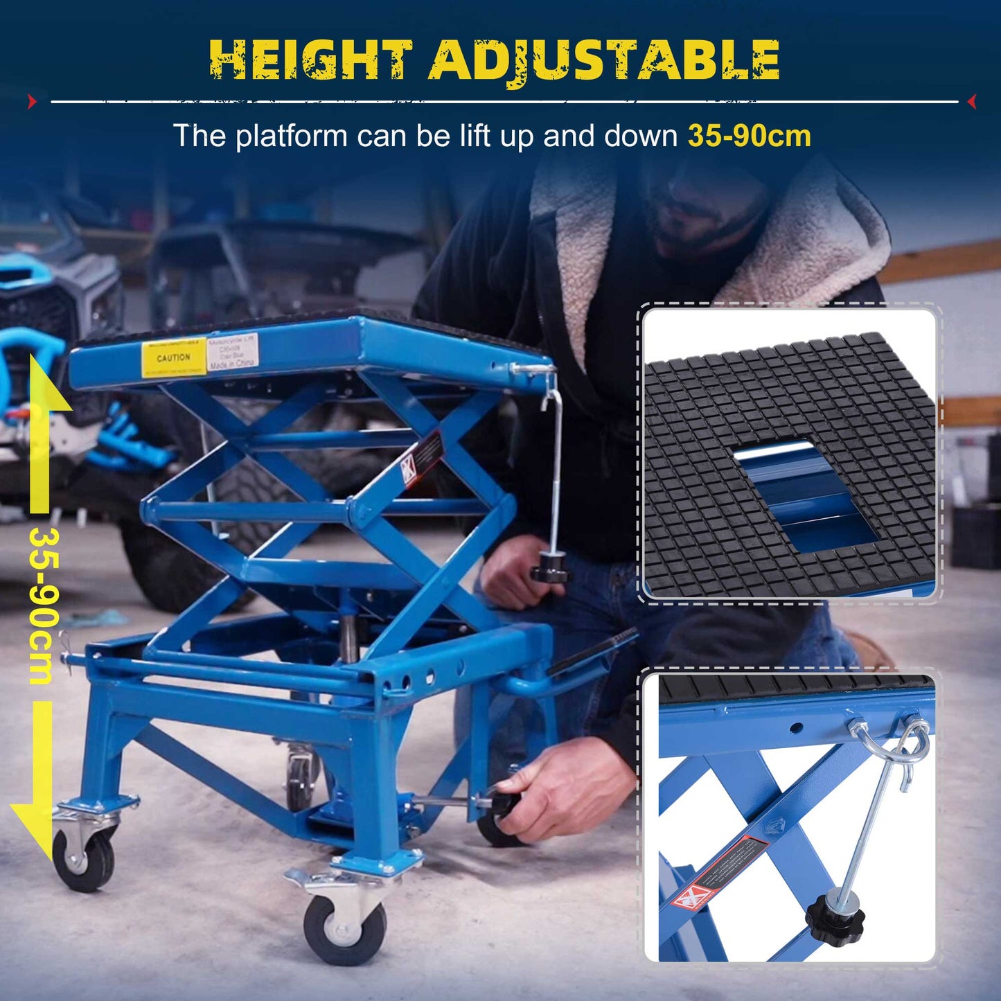 Blue hydraulic motorcycle lift with scissor mechanism and rubberized platform for stability