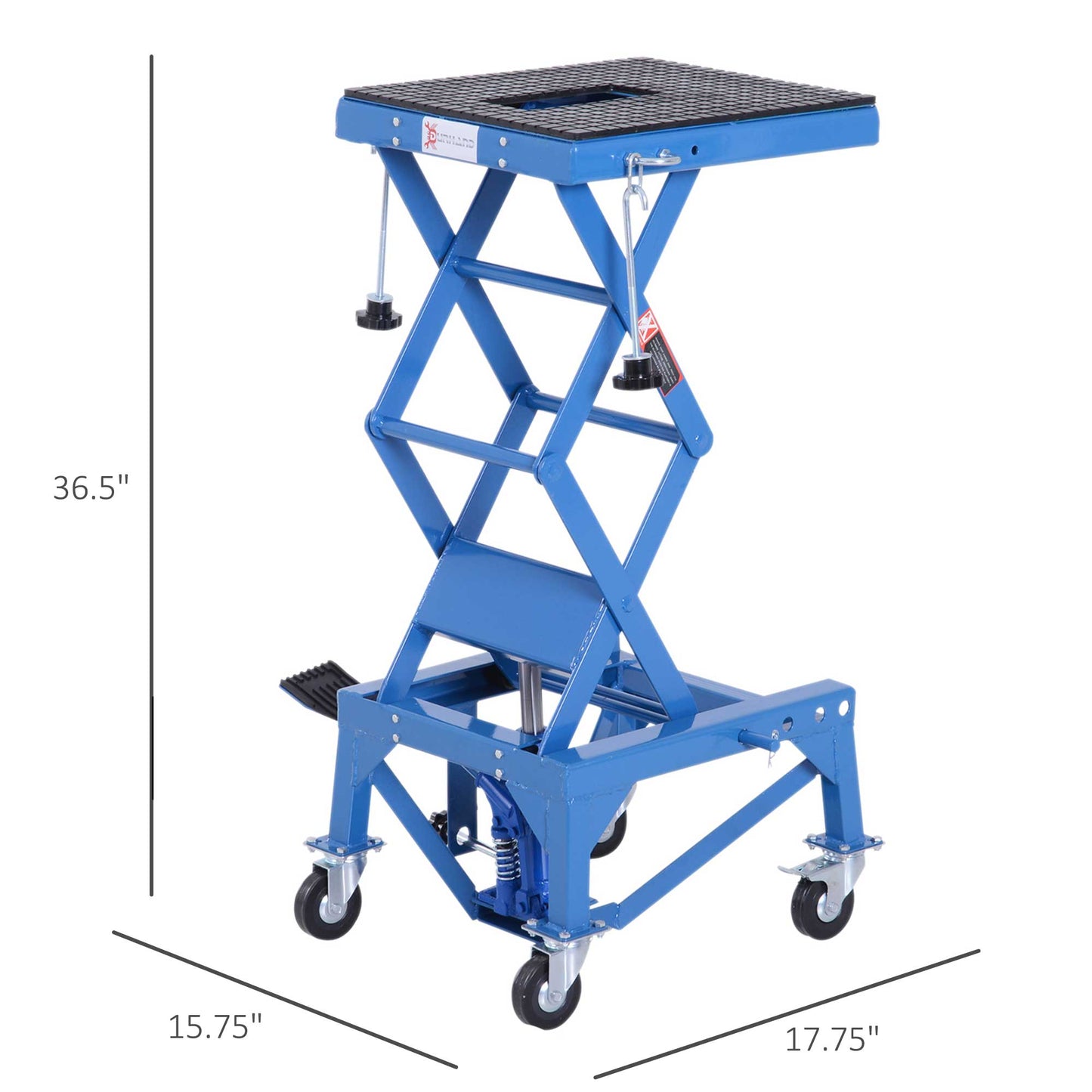 Blue scissor lift jack with rubber top and locking mechanism for motorcycle maintenance