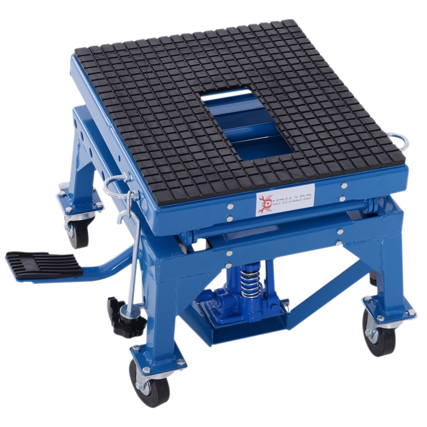 Blue steel motorcycle lift with rubberized platform for secure grip and ease of use