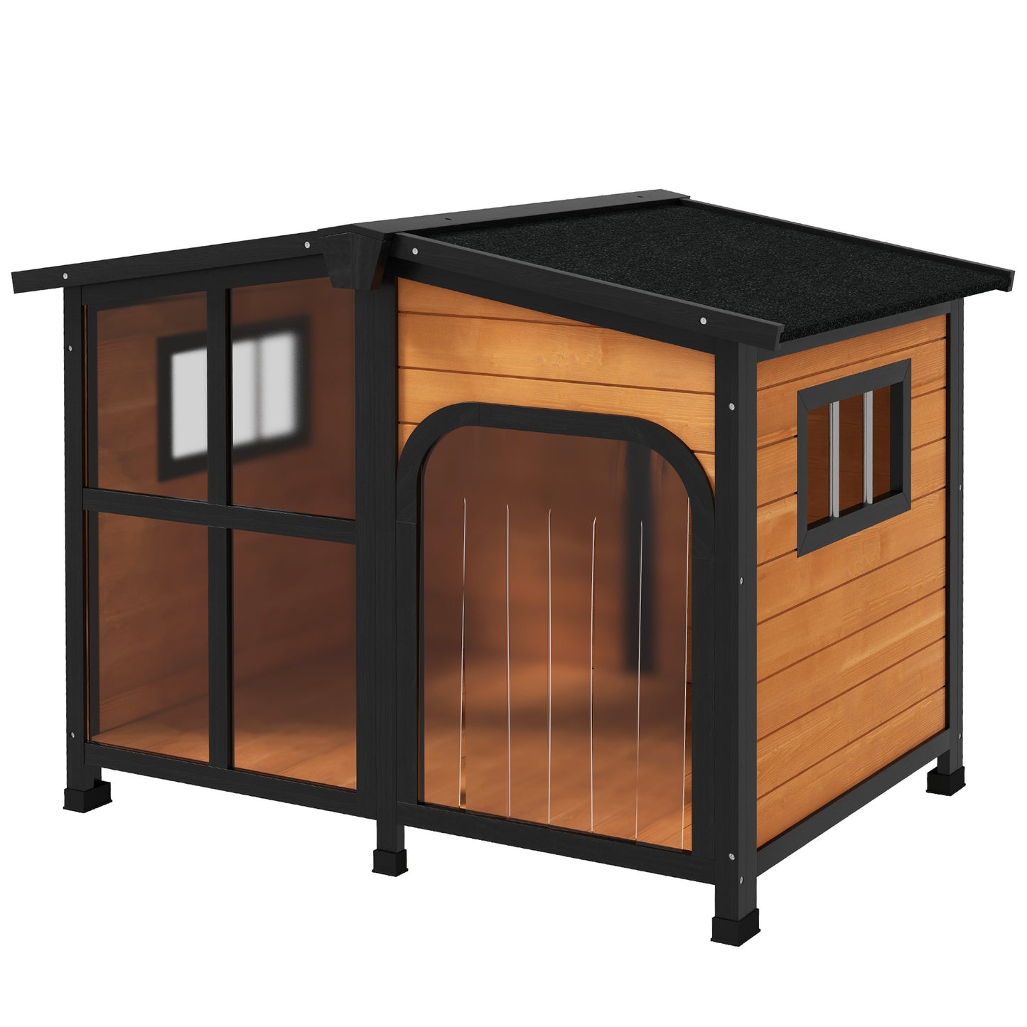 Wooden dog house with black trim and two rooms for pets