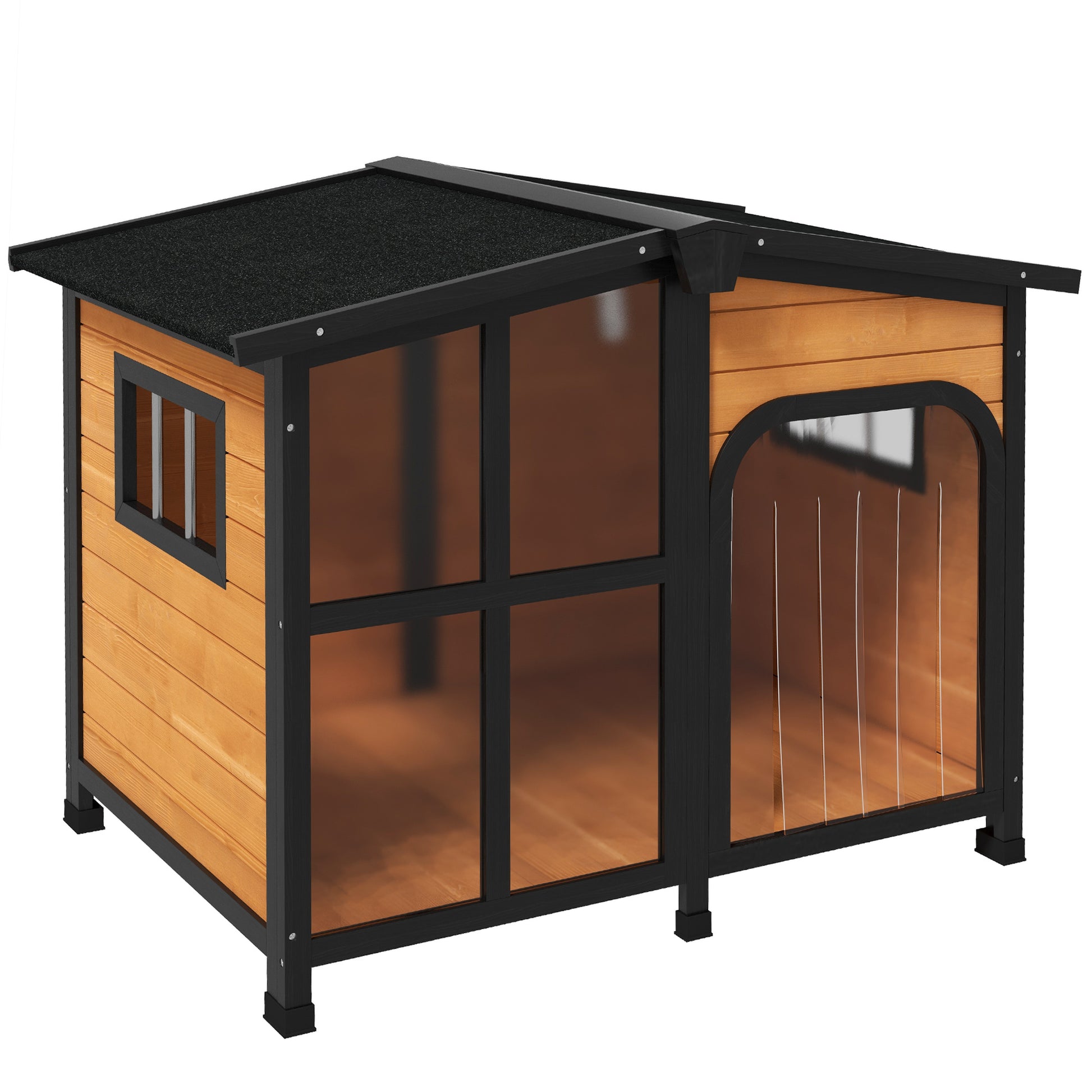 Modern wooden dog kennel with black trim and clear pane windows
