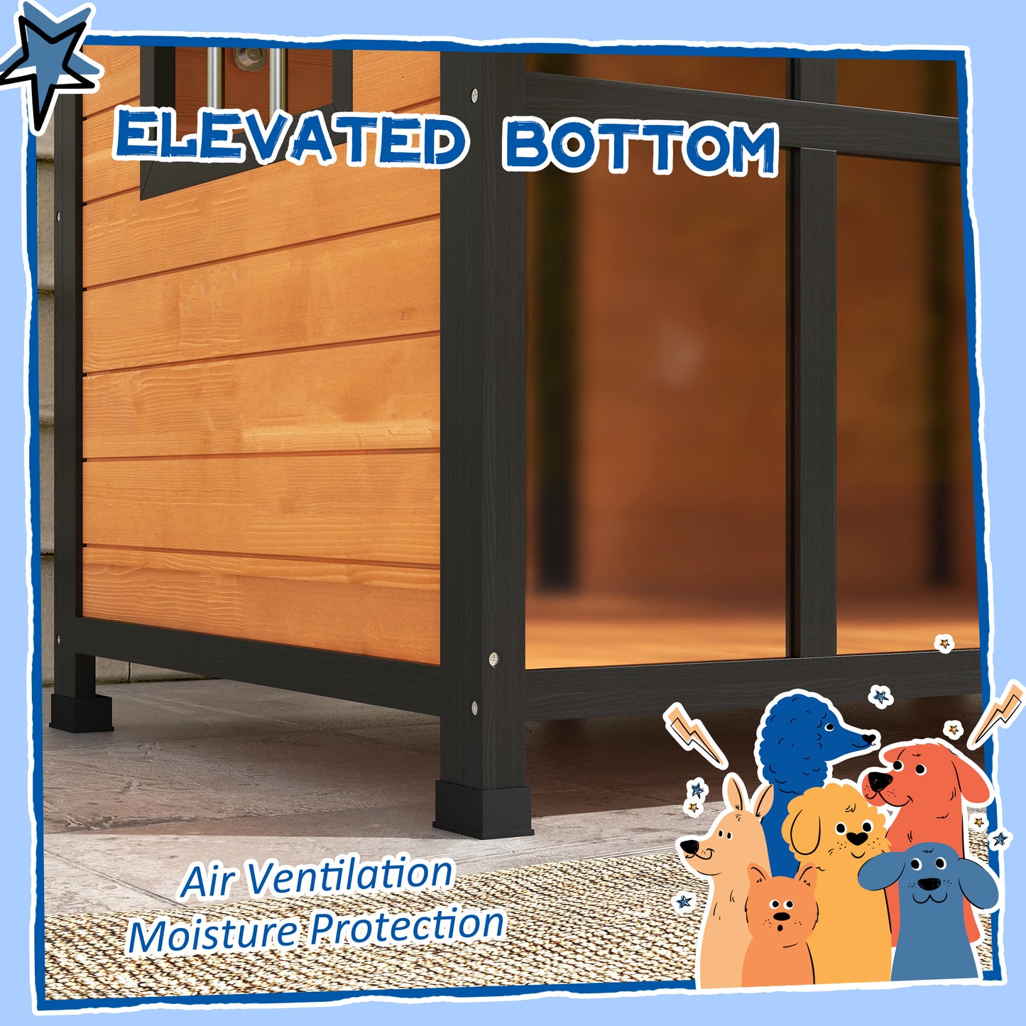 Wooden dog house with elevated bottom for air circulation and moisture protection