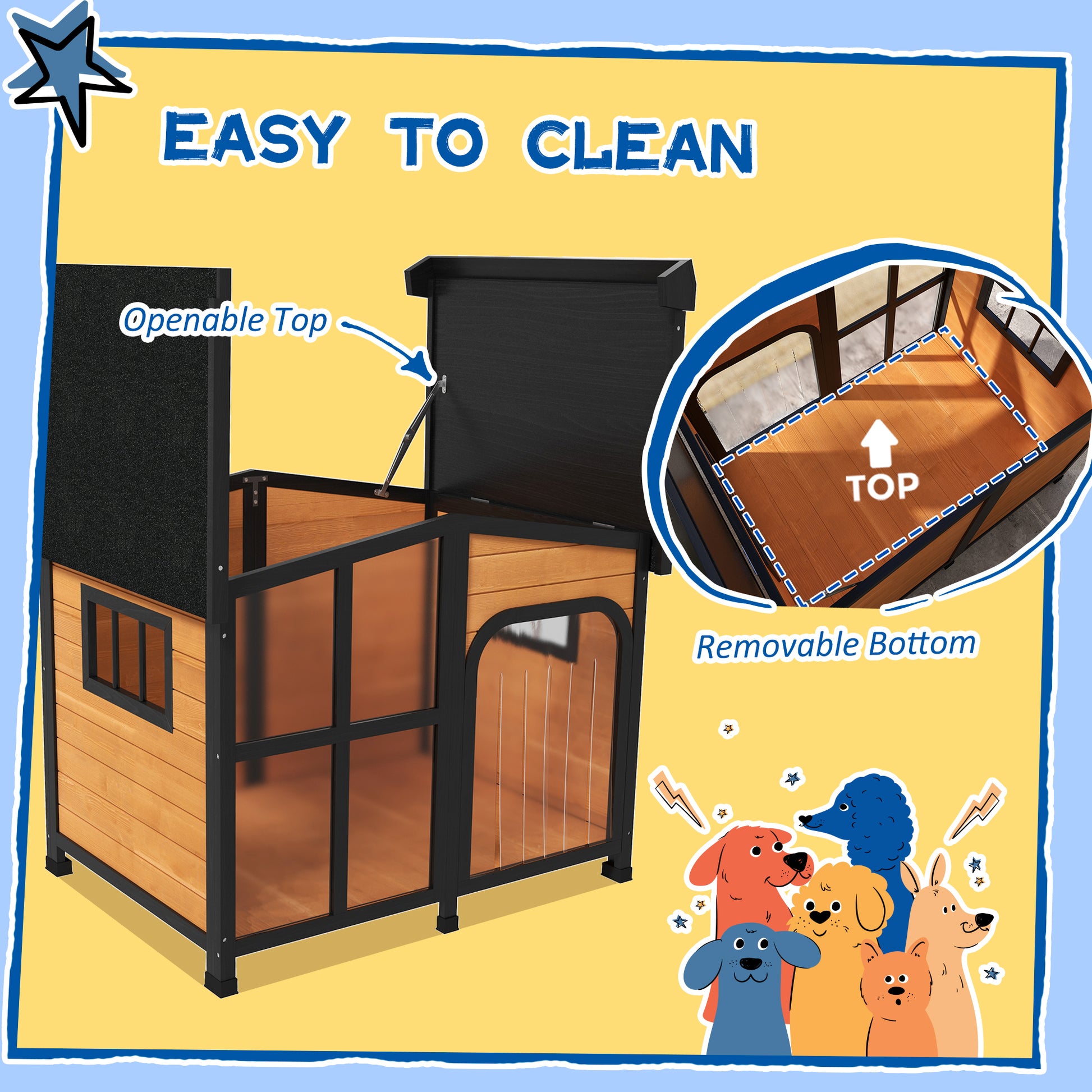 Wooden dog house with openable black roof and clear windows
