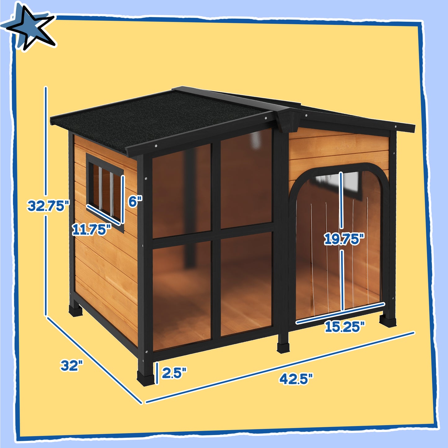 Spacious wooden dog house with black trim clear panels and arched doorway