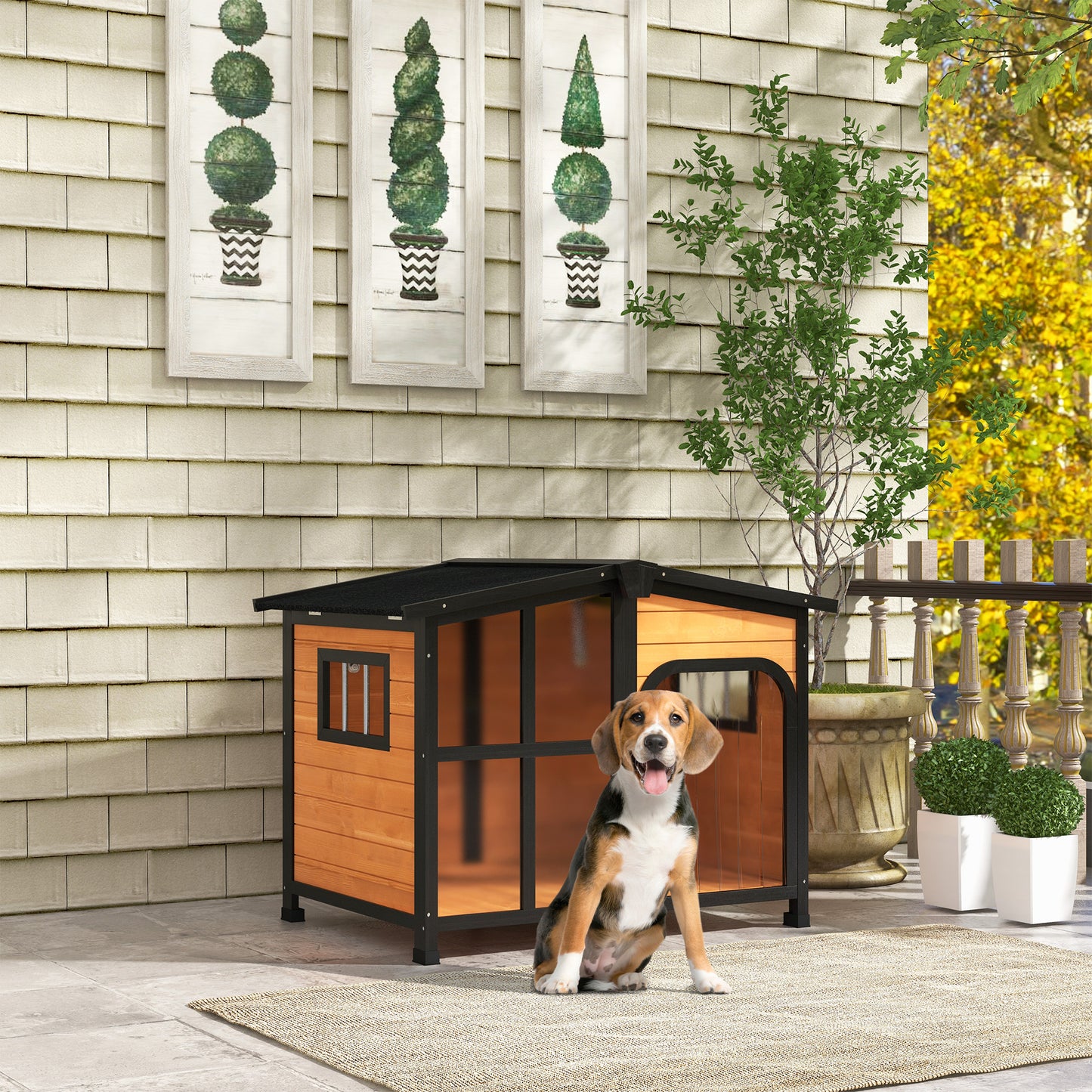 Wooden dog house with black trim and a Beagle puppy sitting in front