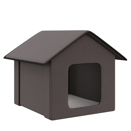 Dark brown fabric dog house with a textured floor perfect for indoor pets