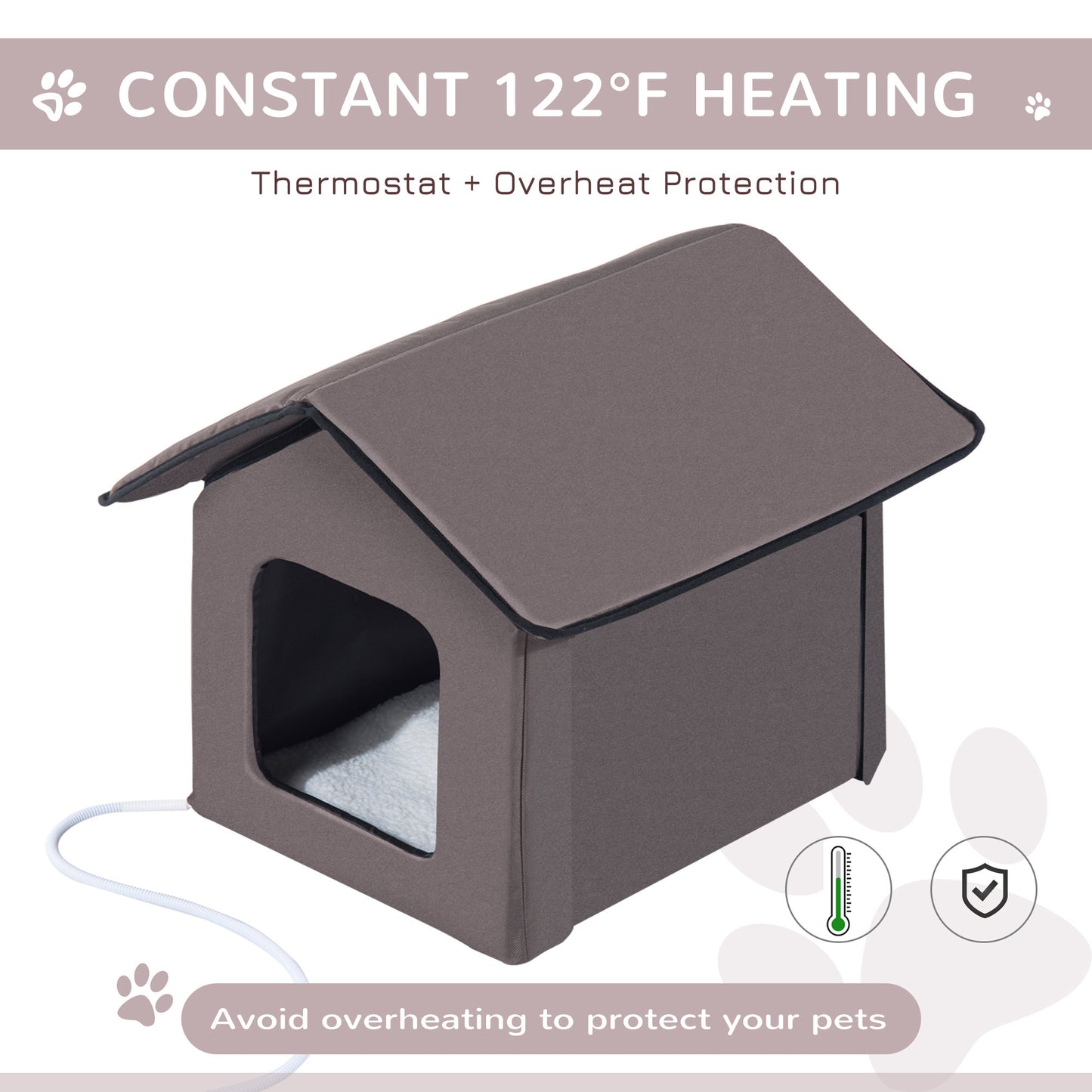 Brown heated dog house with thermostat and overheat protection