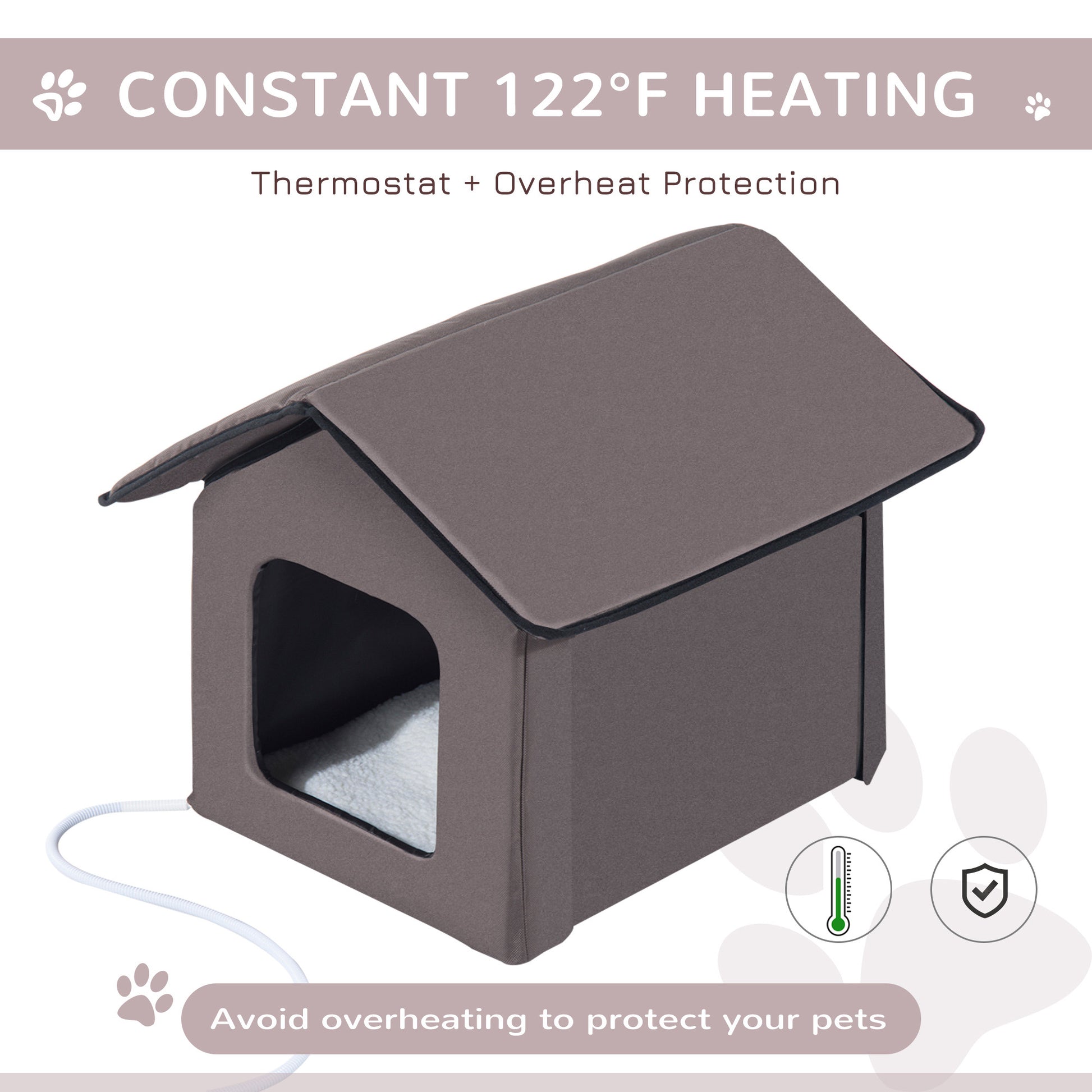 Brown heated dog house with thermostat and overheat protection