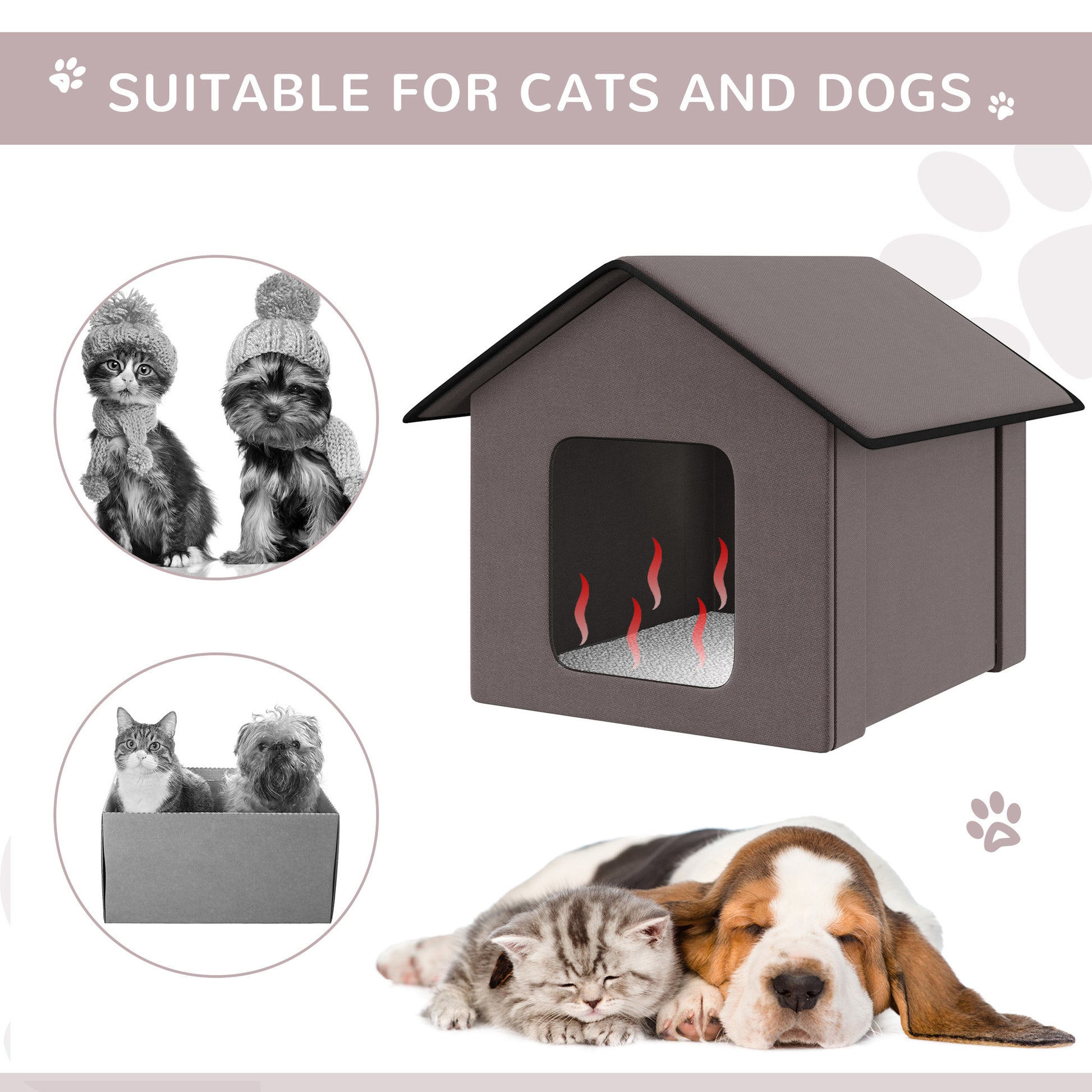 Cozy gray pet house with heating element suitable for cats and dogs indoors