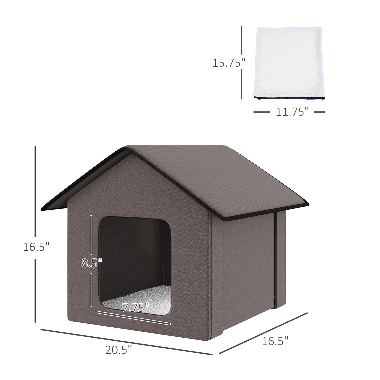 Compact gray fabric dog house with plush mat and side entrance