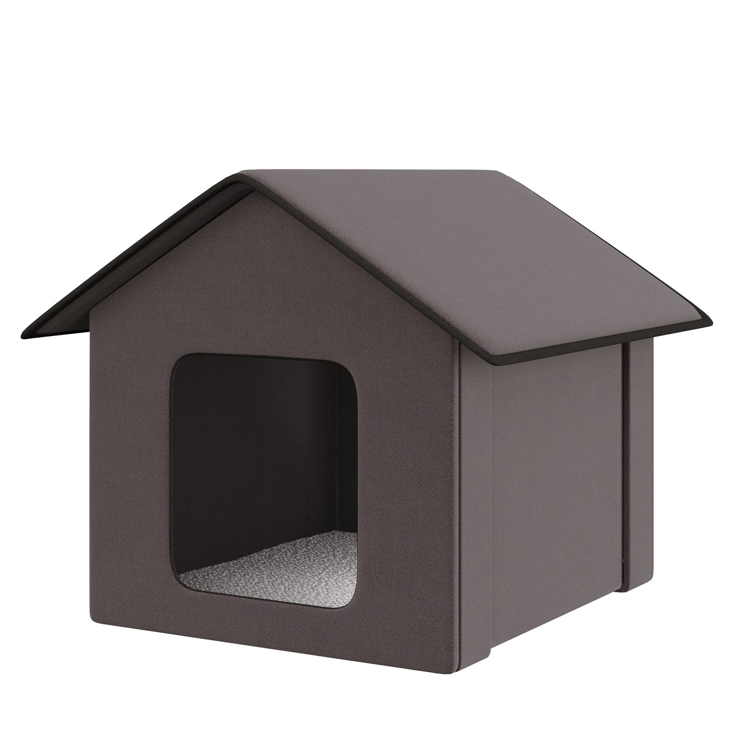 Dark gray fabric pet house with a peaked roof and arched doorway offering cozy shelter