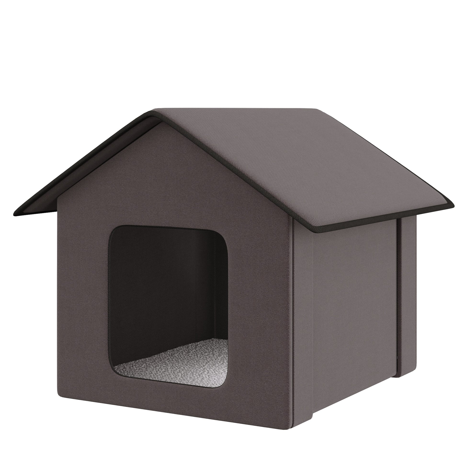 Dark gray fabric pet house with a peaked roof and arched doorway offering cozy shelter