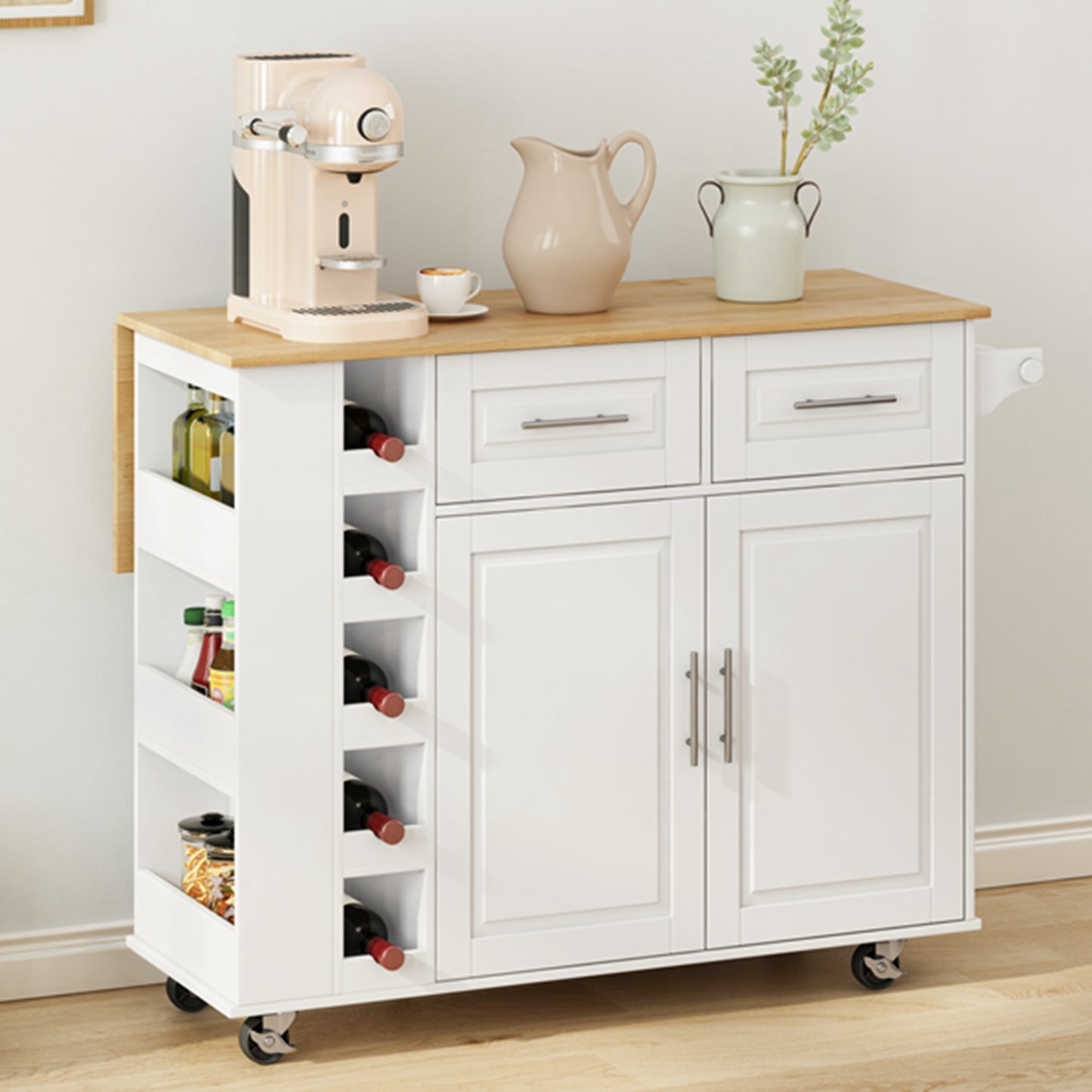 White kitchen island cart with wooden countertop and wine rack