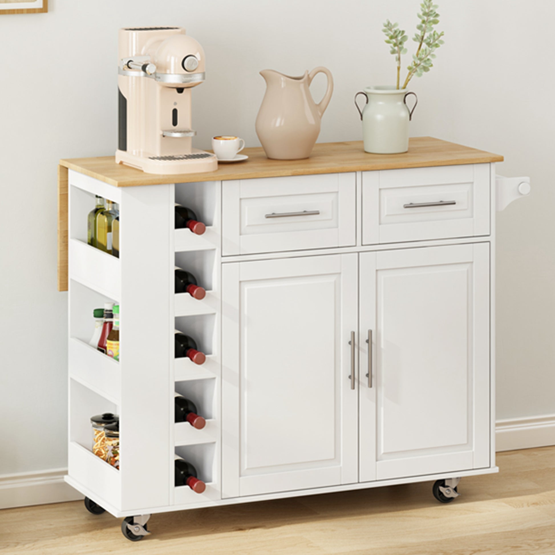 White kitchen island cart with wooden countertop and wine rack