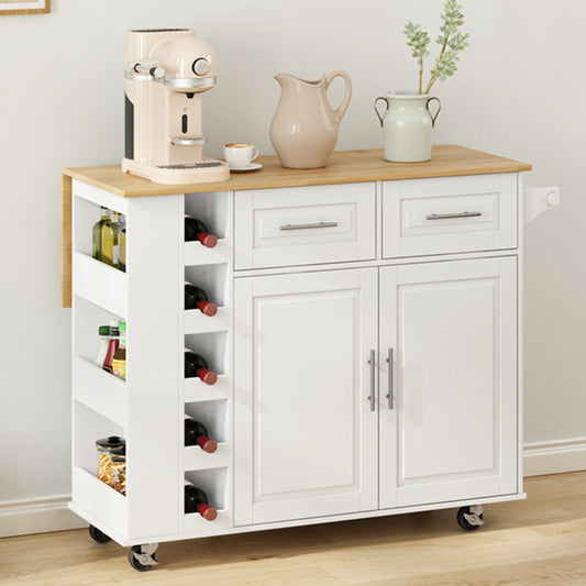 White kitchen island cart with wooden countertop and wine rack
