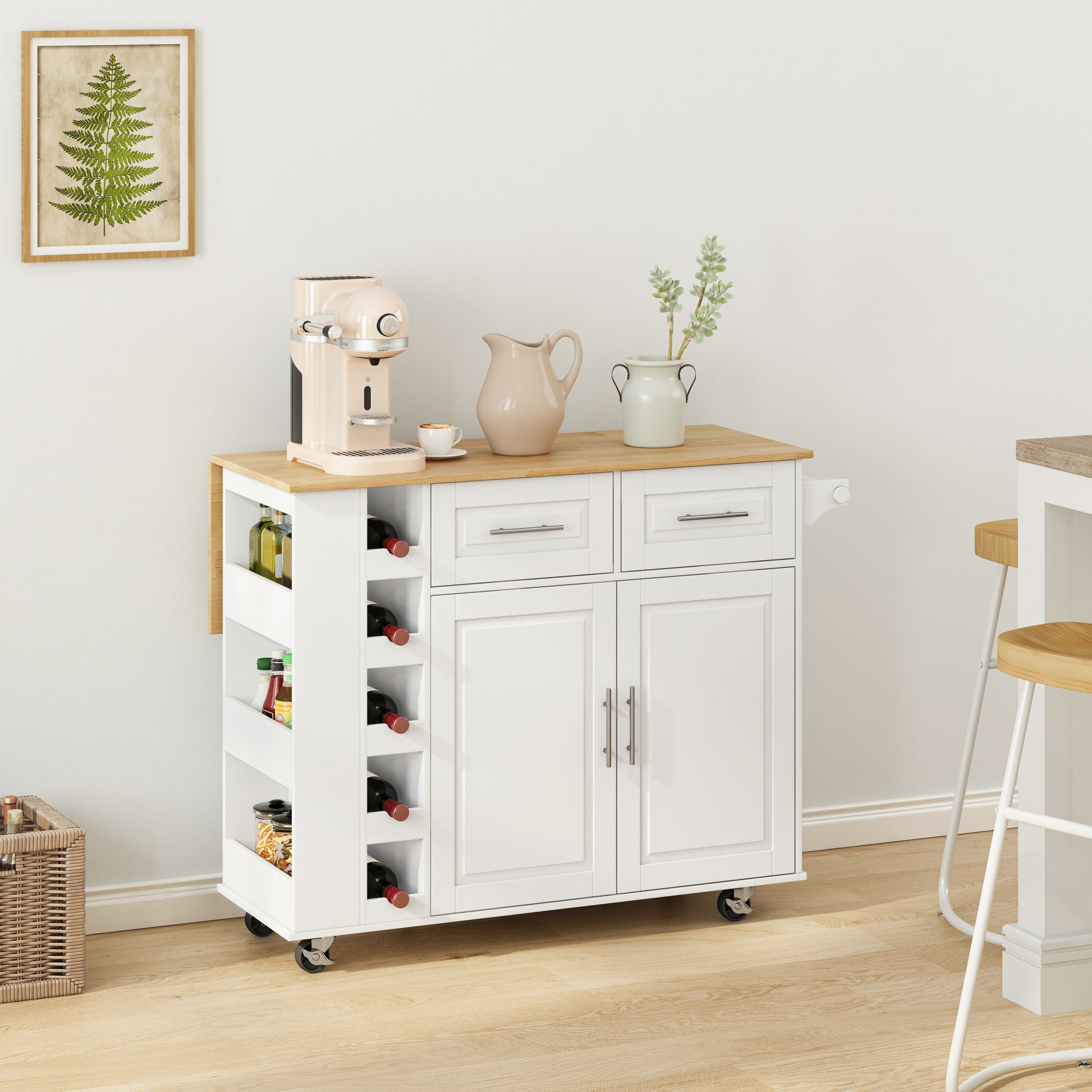 White kitchen island cart with butcher block top and wine rack
