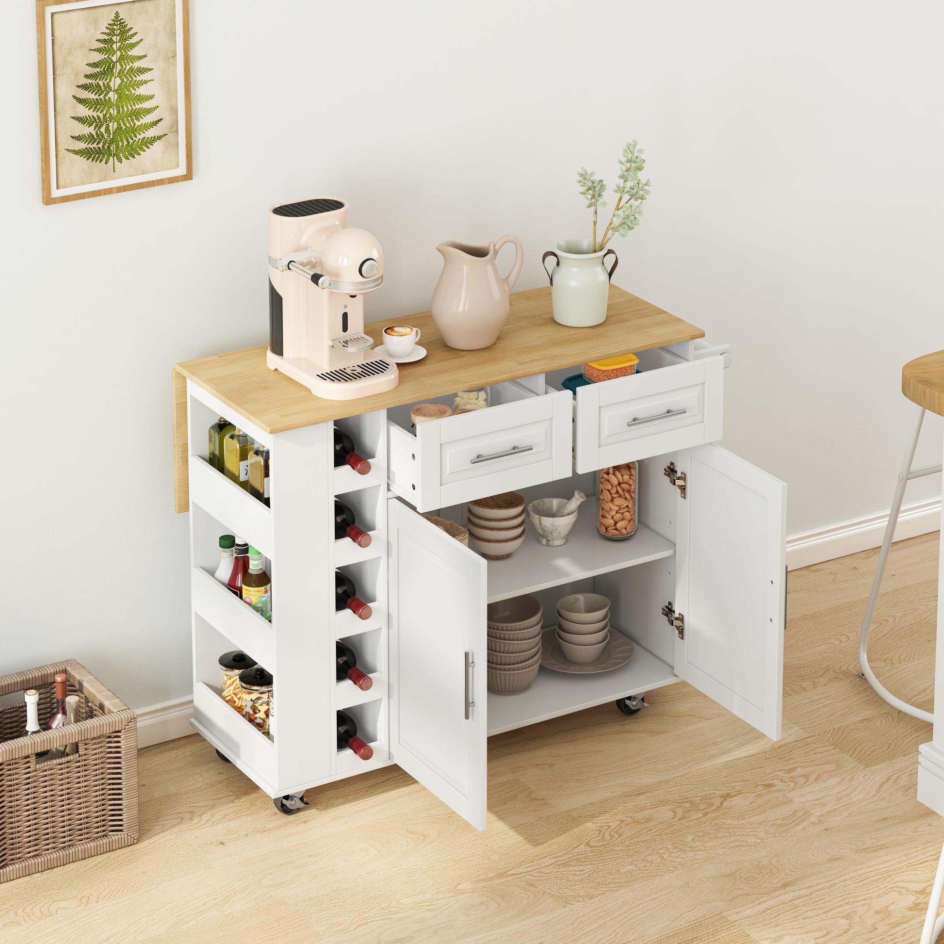 White and wood kitchen cart with coffee maker jug and wine rack