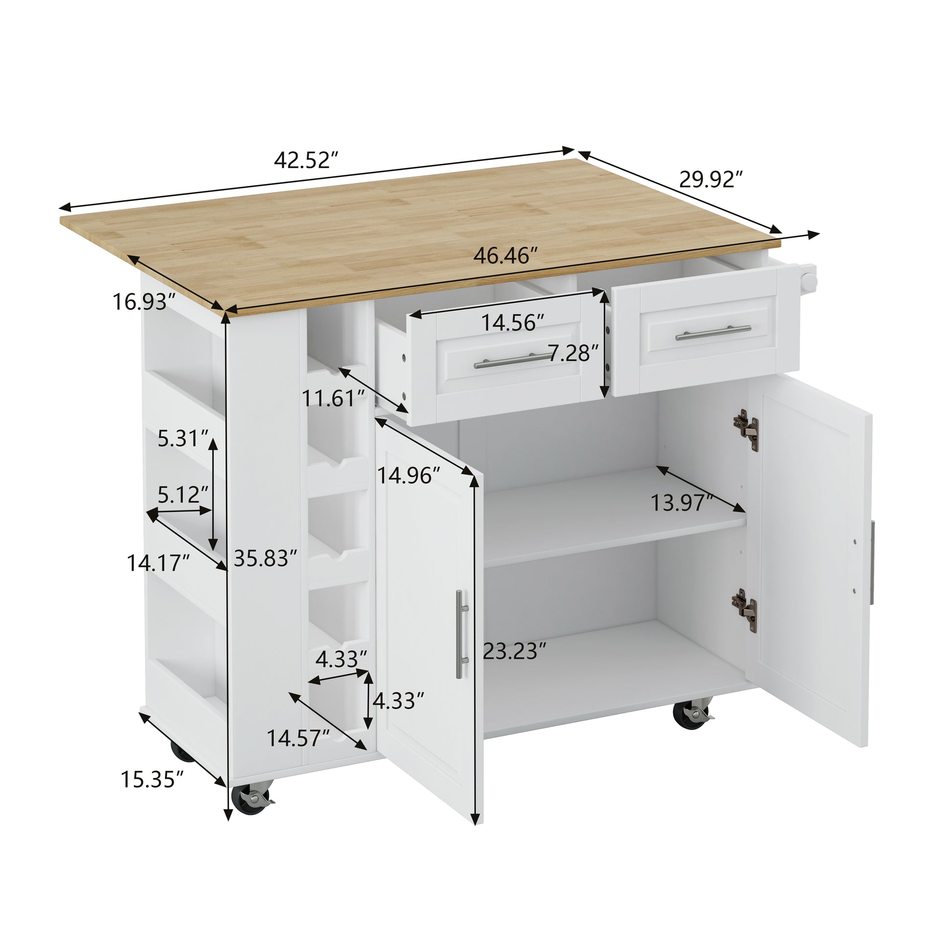 White kitchen island with butcher block top featuring two drawers and cabinet storage with rolling casters