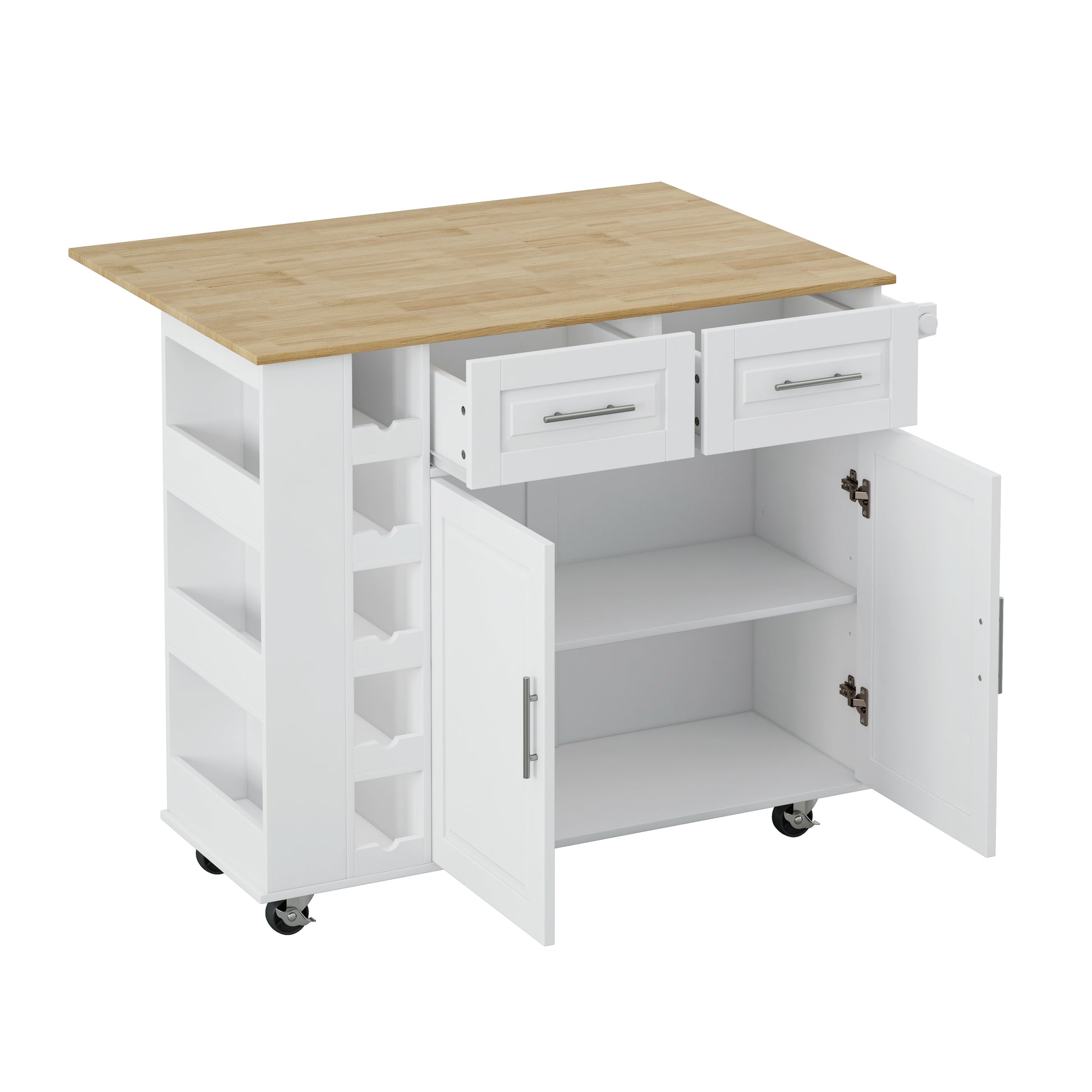 White kitchen island with butcher block top open drawers and cabinets on wheels