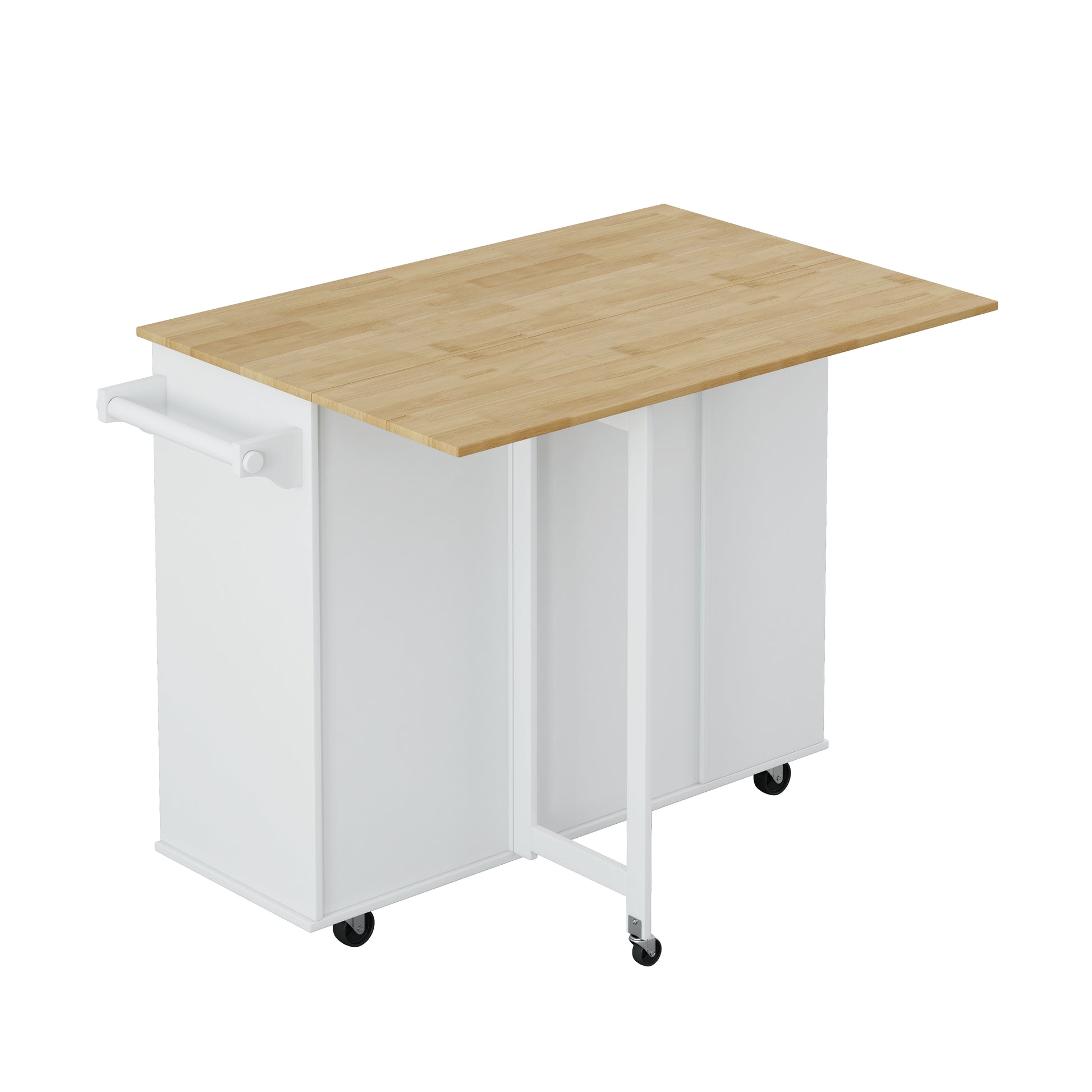 White kitchen cart with drop leaf table and butcher block top