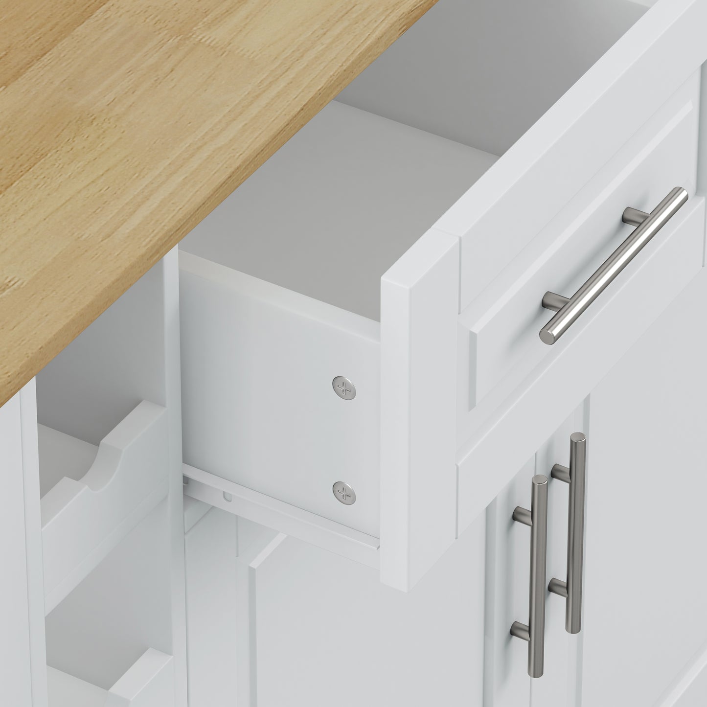 White kitchen island cart with oak wood top and brushed nickel handles