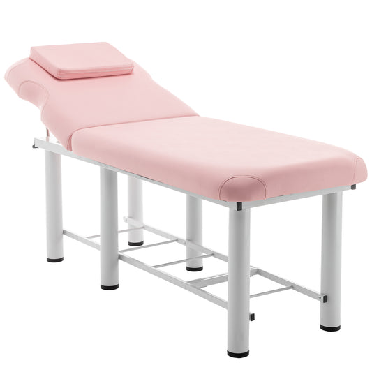 Pink adjustable massage bed with white metal frame ideal for spa treatments