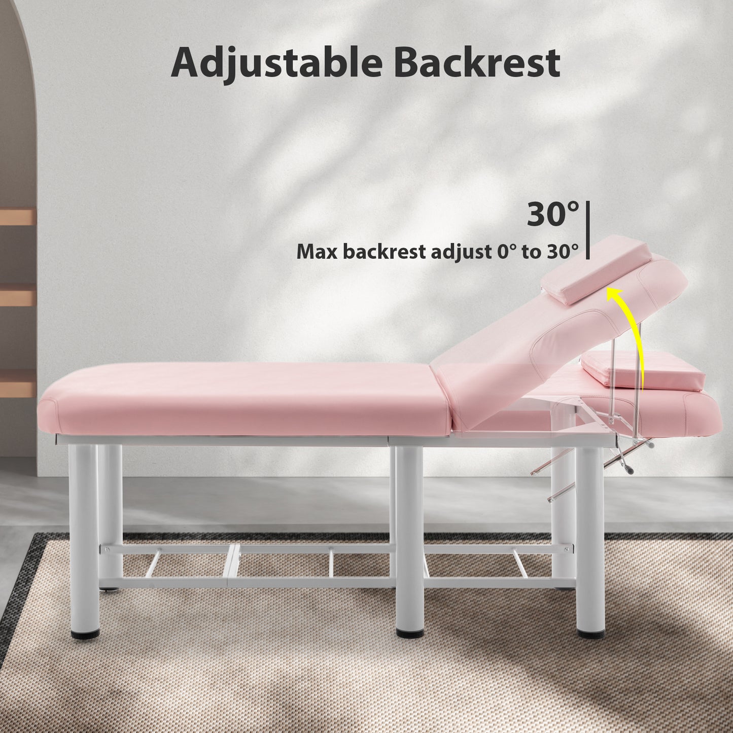 Pink adjustable backrest massage table with white metal legs and headrest